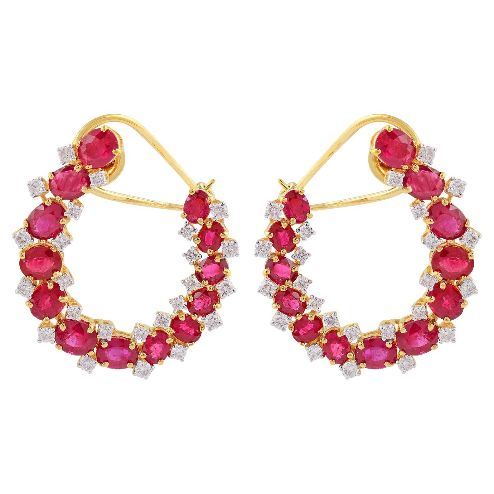 Orecchini a cerchio in oro giallo 14k con rubino naturale da 8,98 carati e diamanti da 1,15 carati