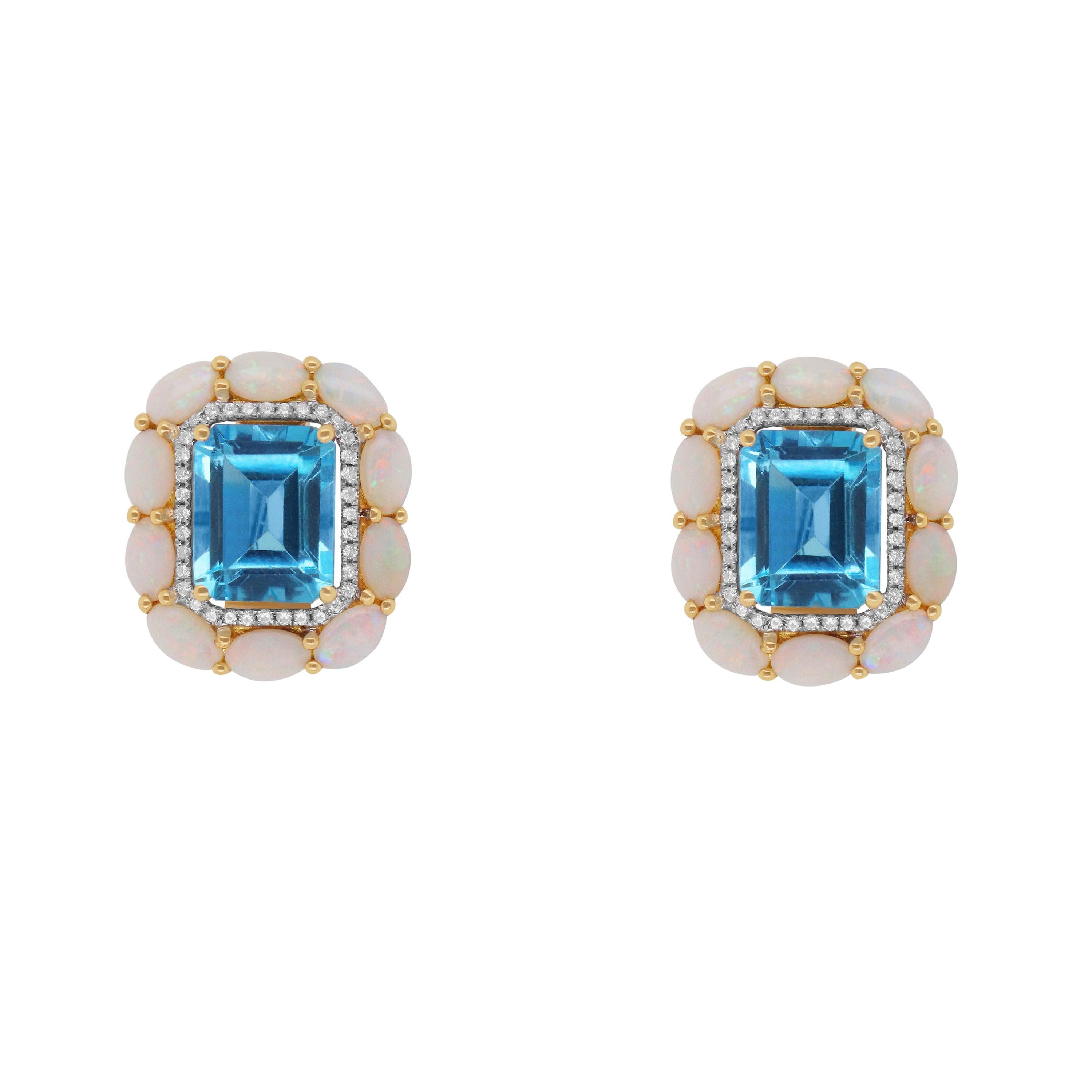 8.99 Ct Emerald Cut Blue Topaz, Opal, Diamond Halo Stud Earrings 18K Yellow Gold For Sale