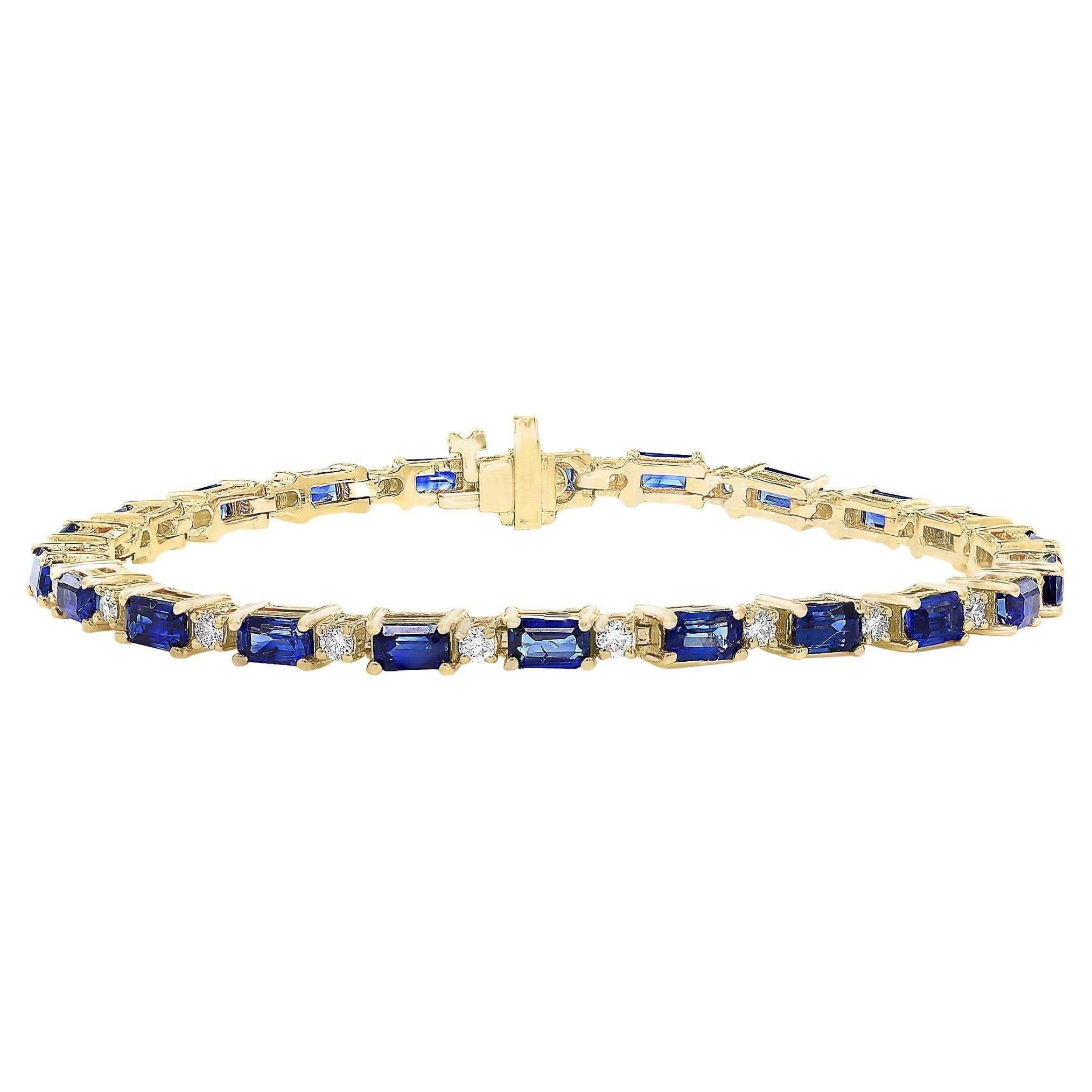 8.99 Carat Emerald Cut Blue Sapphire and Diamond Bracelet in 14K White Gold For Sale