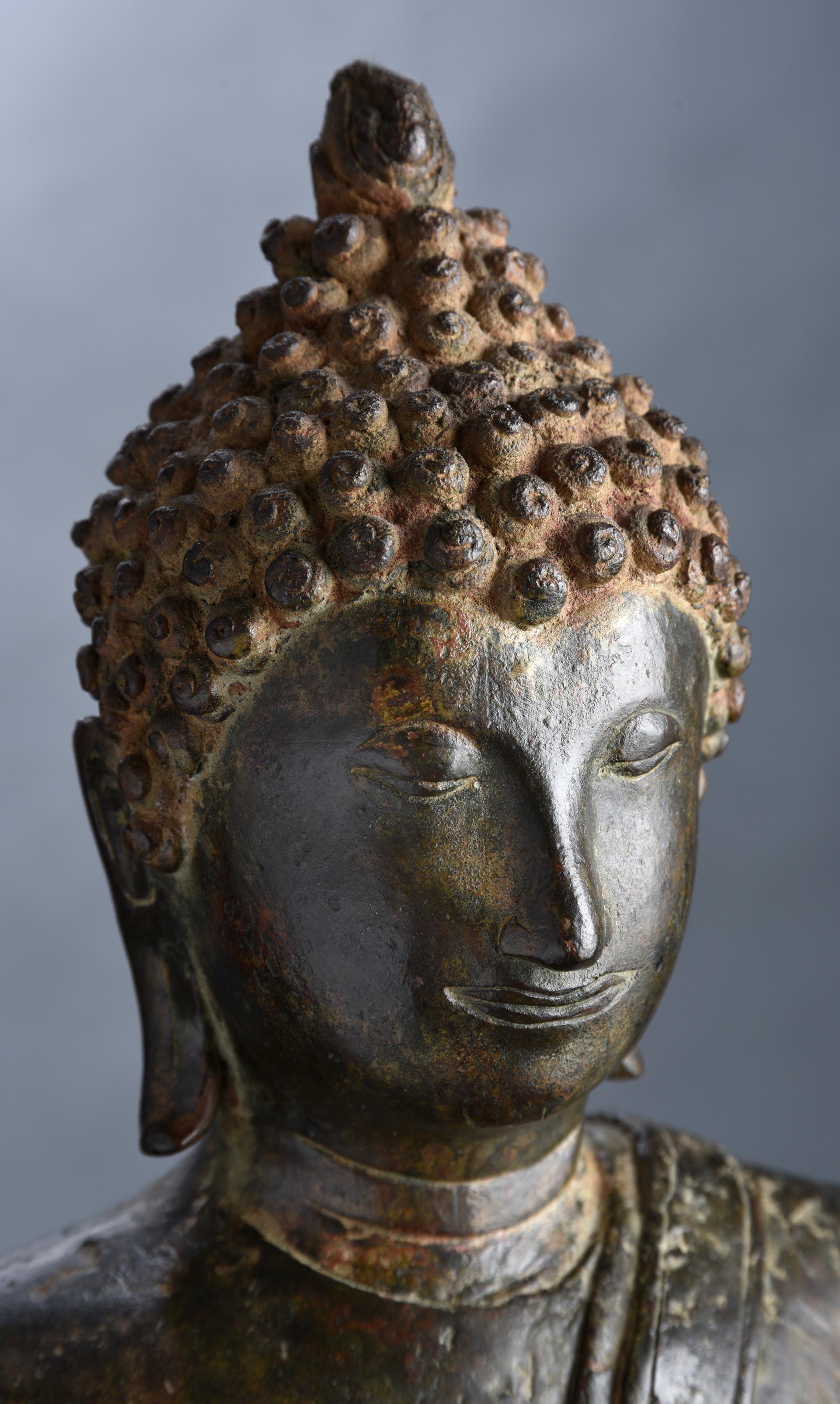 Bronze 13th/early 14th C' Sukothai Walking Buddha, 8993 For Sale