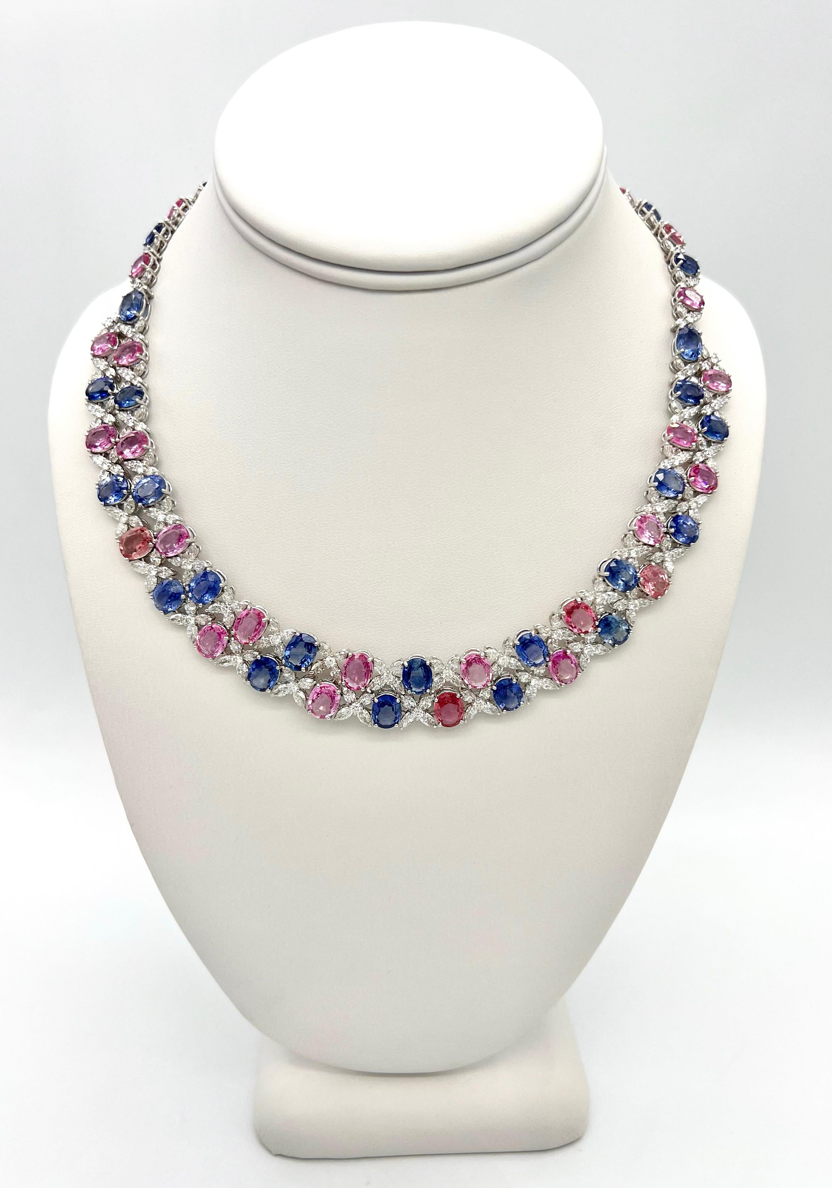 A handmade 89.98 Total Carat Sapphire and 26.98 Total Carat Diamond Necklace and Earrings Set

This one-of-a-kind multicolor necklace and earrings boasts Natural, Sapphires from Sri Lanka. The set highlights the beautiful interplay of the rare fancy