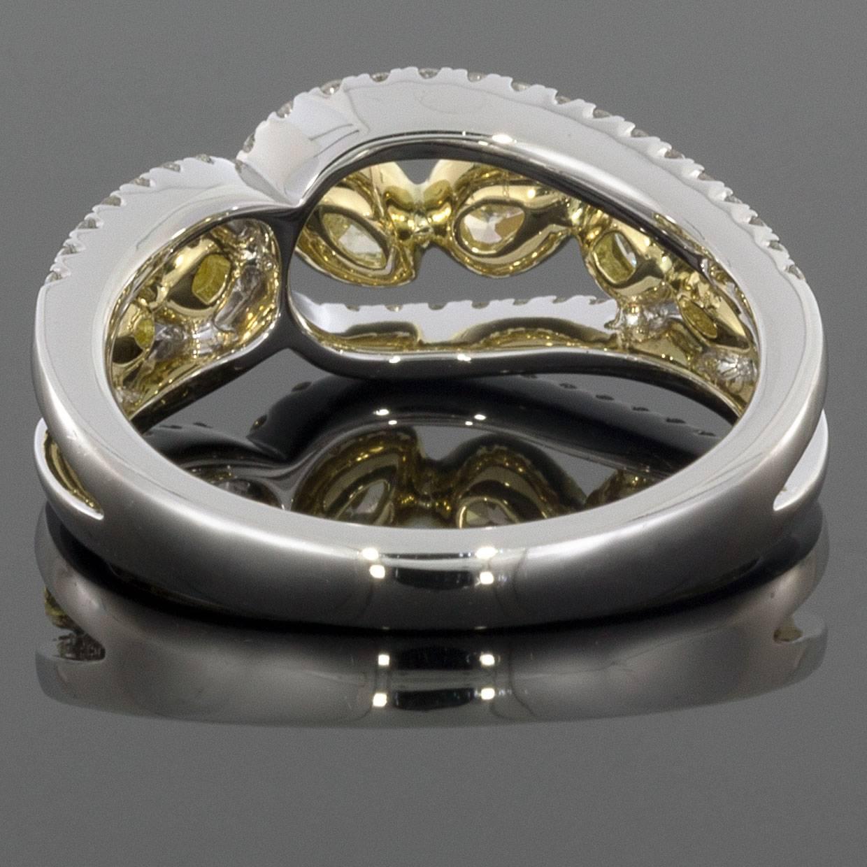 Cushion Cut .89 Carat Canary Yellow and White Diamond Multi Shapes Geometric Band Ring For Sale