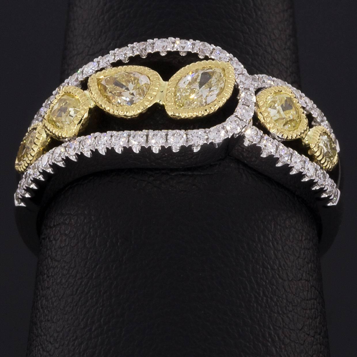 Women's .89 Carat Canary Yellow and White Diamond Multi Shapes Geometric Band Ring For Sale