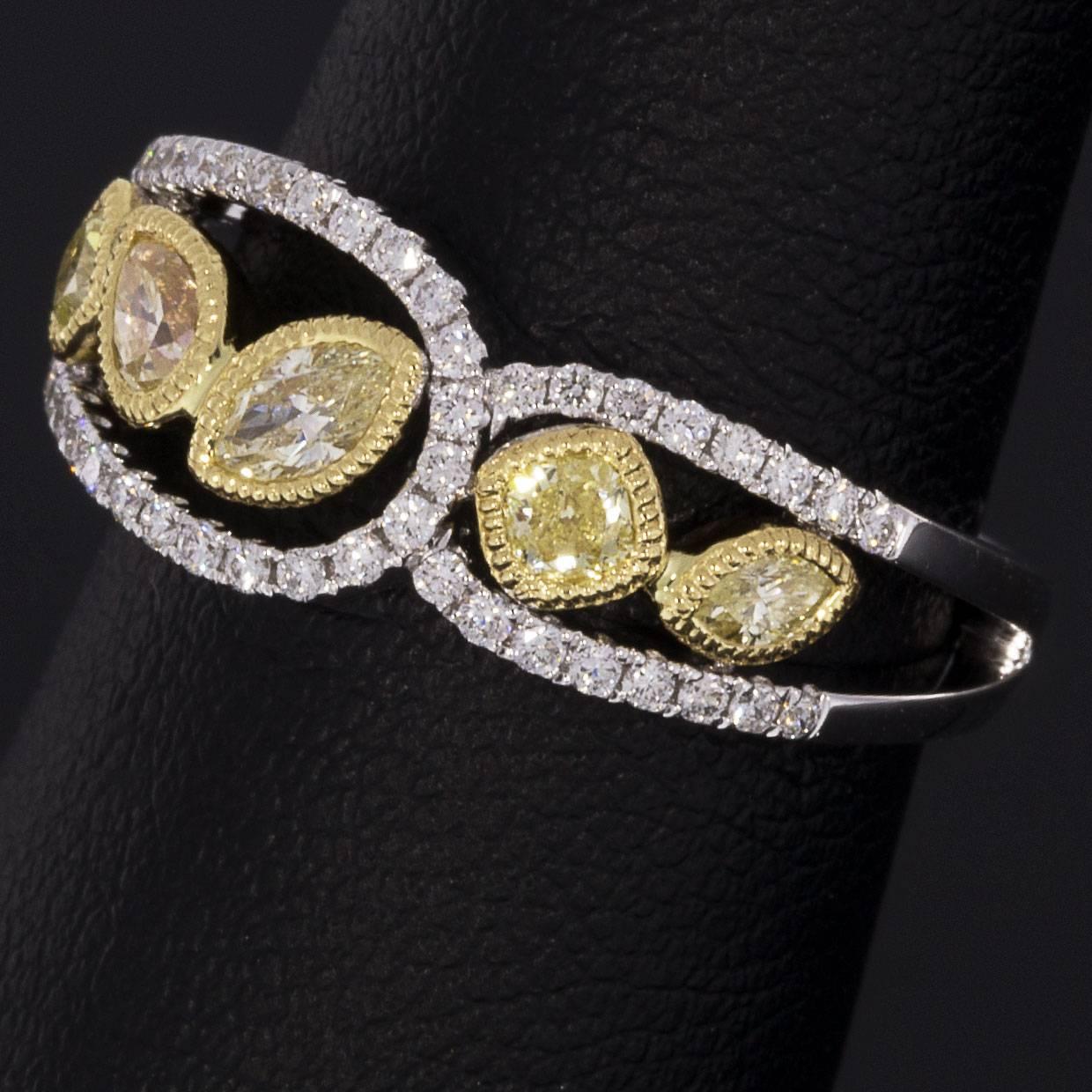 .89 Carat Canary Yellow and White Diamond Multi Shapes Geometric Band Ring For Sale 1