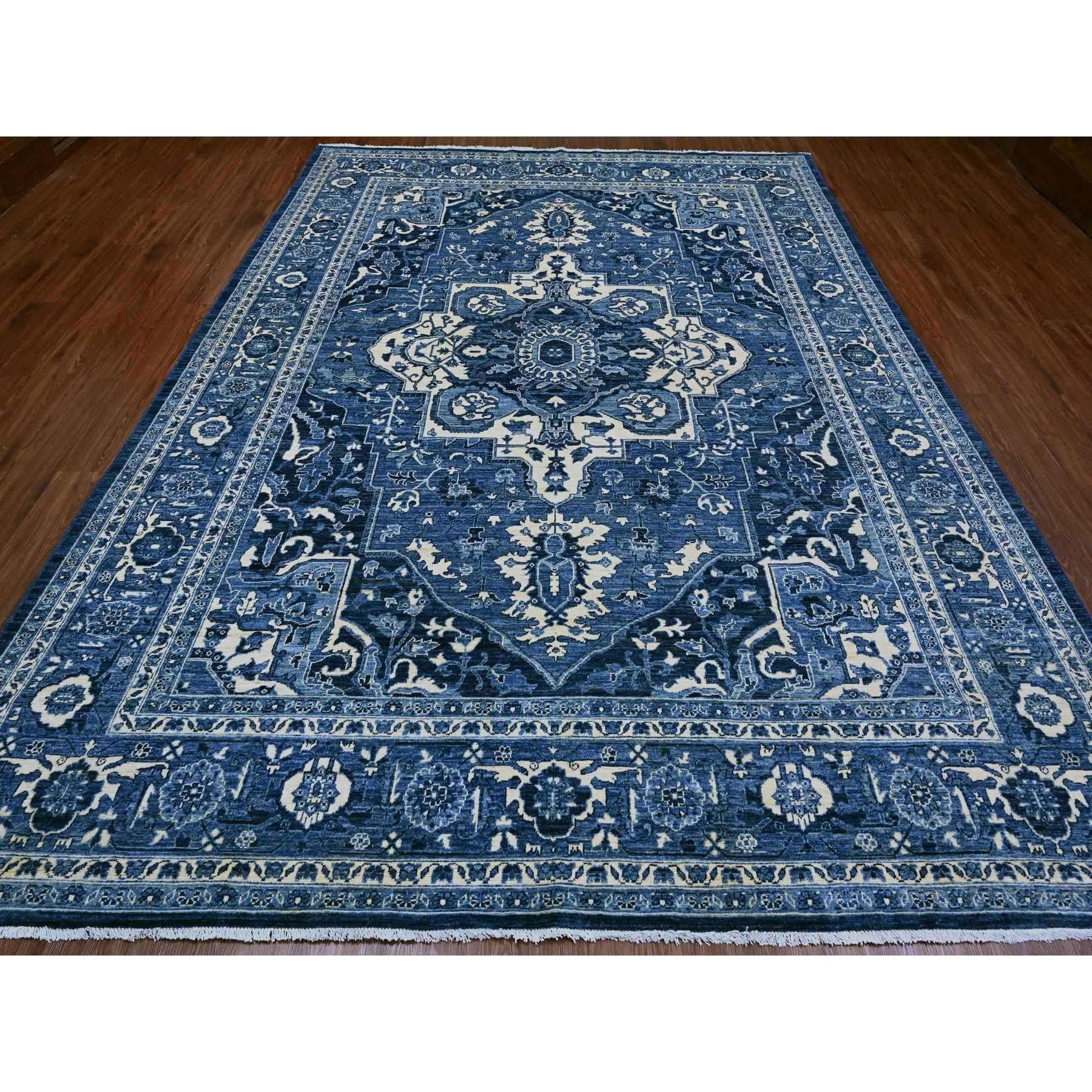 Denim Blue, Peshawar with Serapi Heriz Revival, High Mountain Ghazni Wool, Soft Pile, Hand Knotted, Denser Weave, Oriental Rug
Primary materials: Wool
Latex: No Pile 
height: 0.25 Inches
Style: Traditional
Primary color: Blue
Secondary colors: