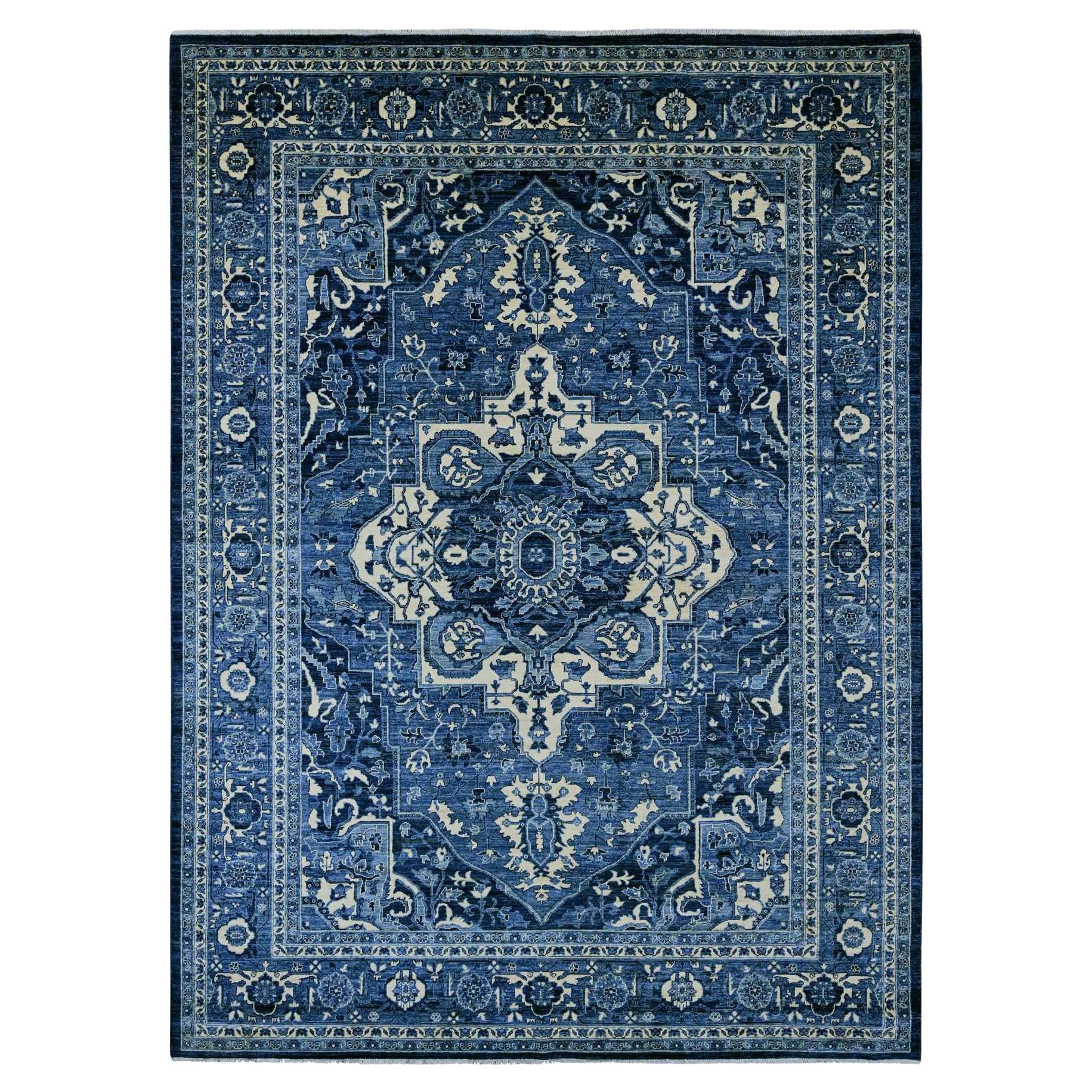 8'9"x11'10" Blue Peshawar with Serapi Heriz Revival Ghazni Wool Hand Knotted Rug For Sale
