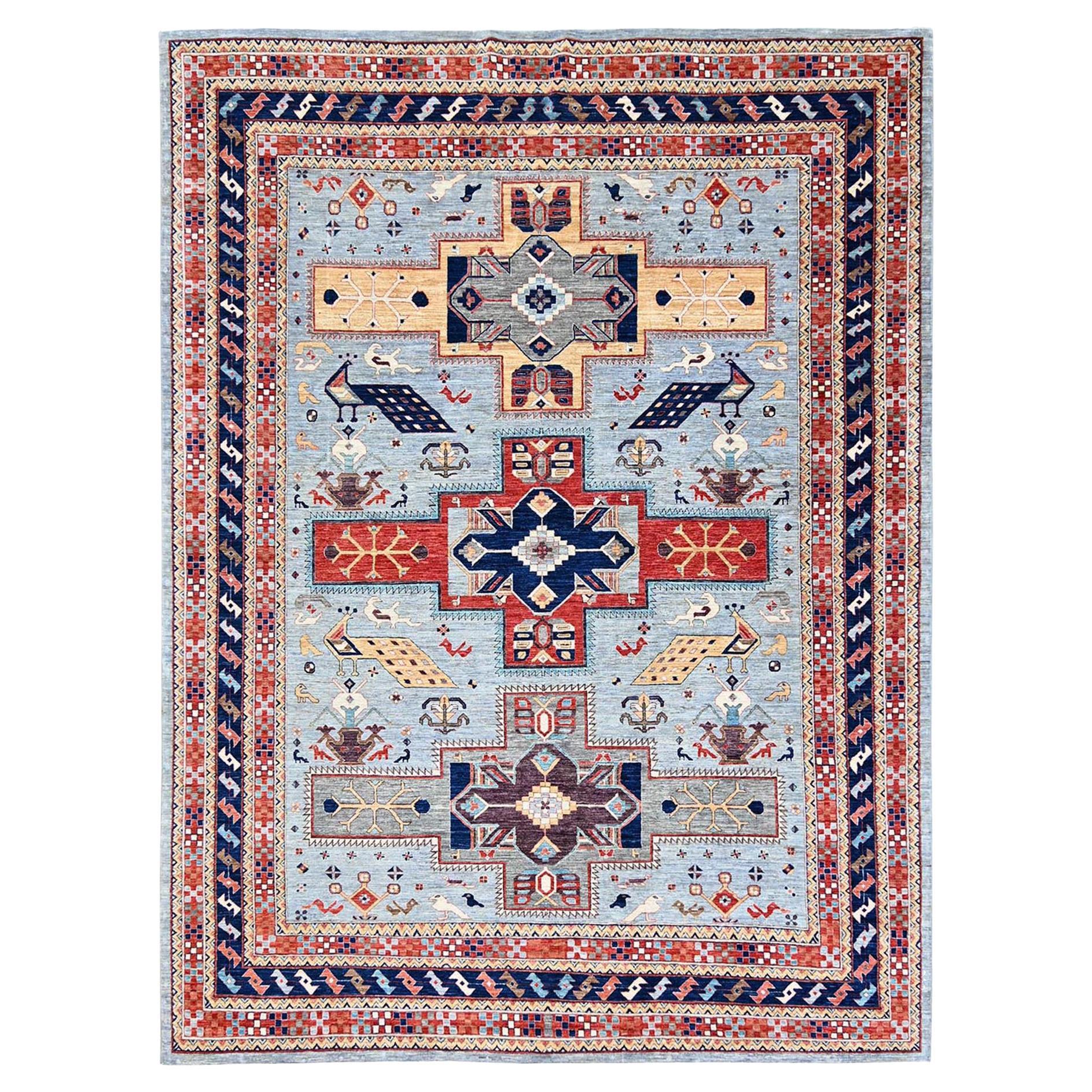 8
9"x11
10" Cloud Gray Wool Armenian Inspired Caucasian Design Hand Knotted Rug