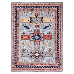 8
9"x11
10" Cloud Gray Wool Armenian Inspired Caucasian Design Hand Knotted Rug