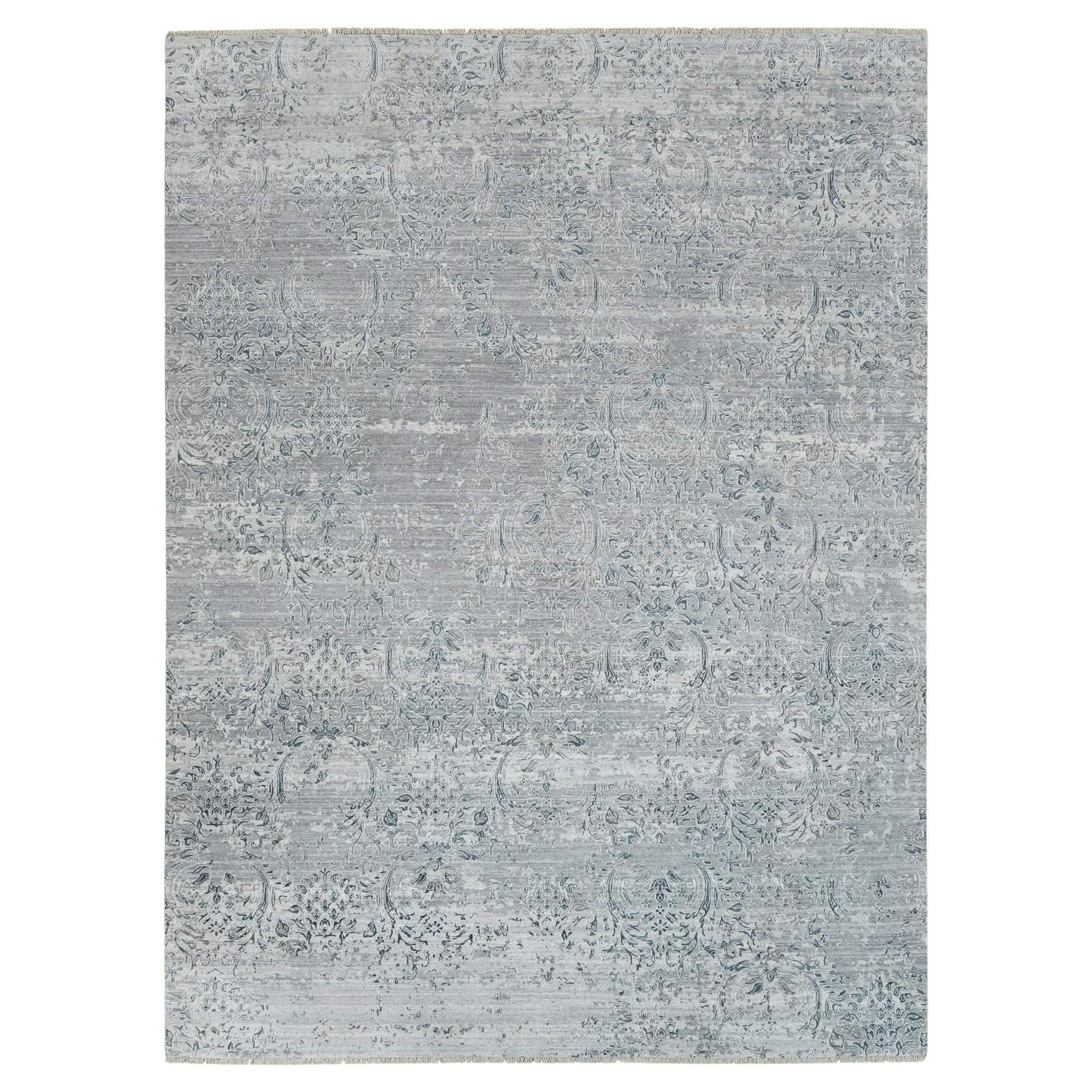 8'9"x11'10" Porcelain White Damask Wool and Plant Based Silk Hand Knotted Rug