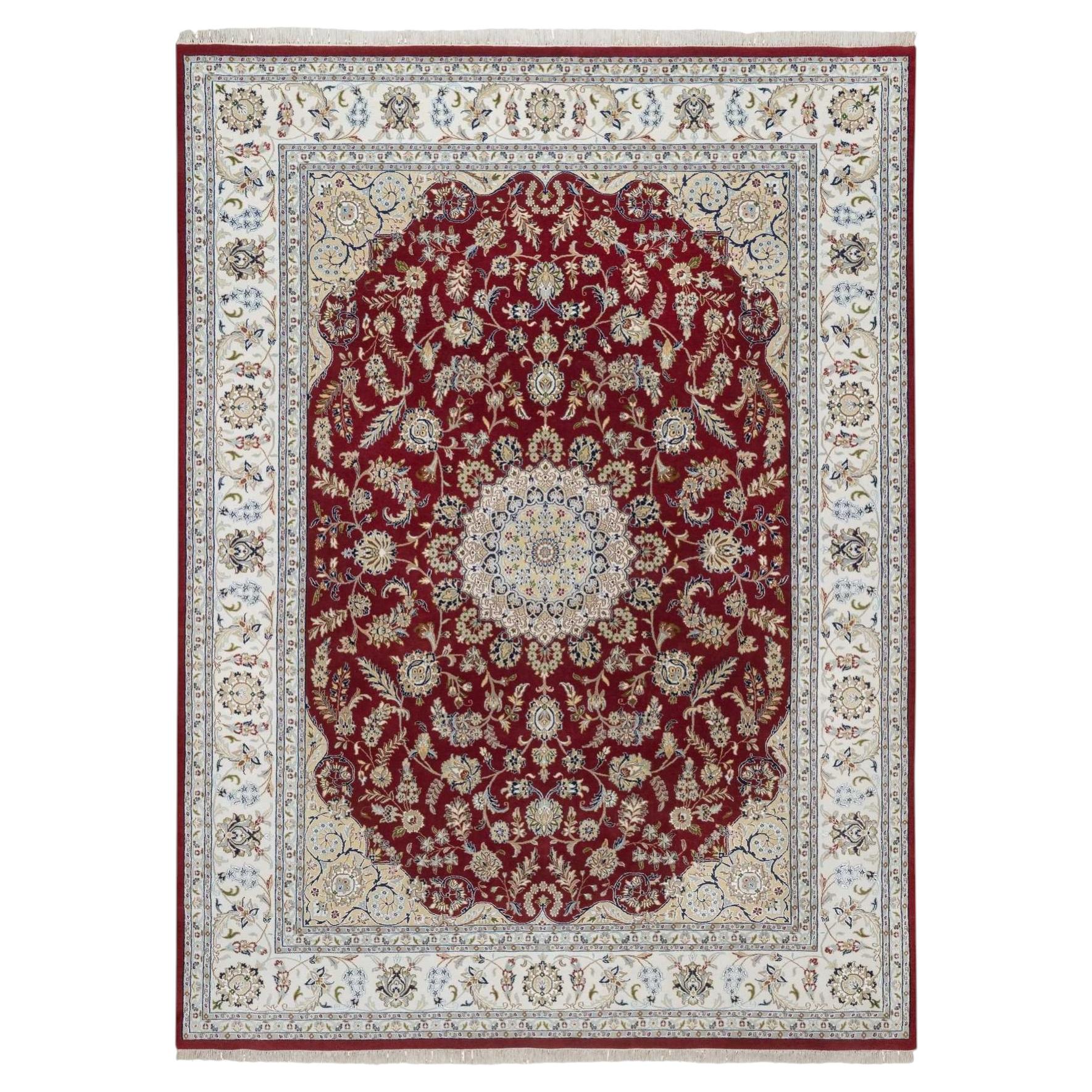 8'9"x11'10" Red Nain with Medallion Design Hand Knotted 250 KPSI Wool & Silk Rug