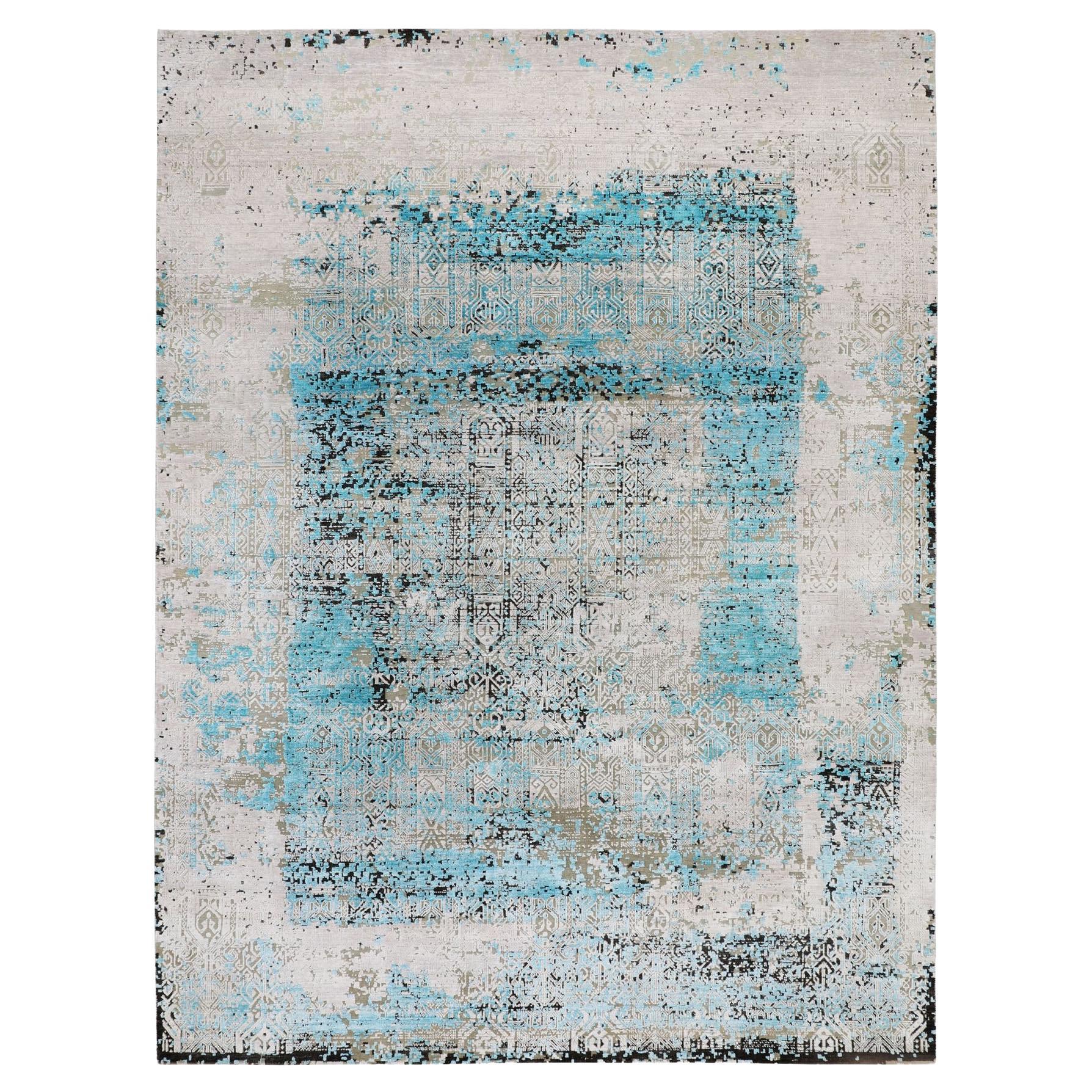8'9"x11'10" Teal Blue Jewellery Design Tone On Tone Silk with Textured Wool Rug For Sale