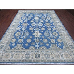 8'9"x11'2" Blue Vintage Look Kazak with All Over Design Hand Knotted Wool Rug