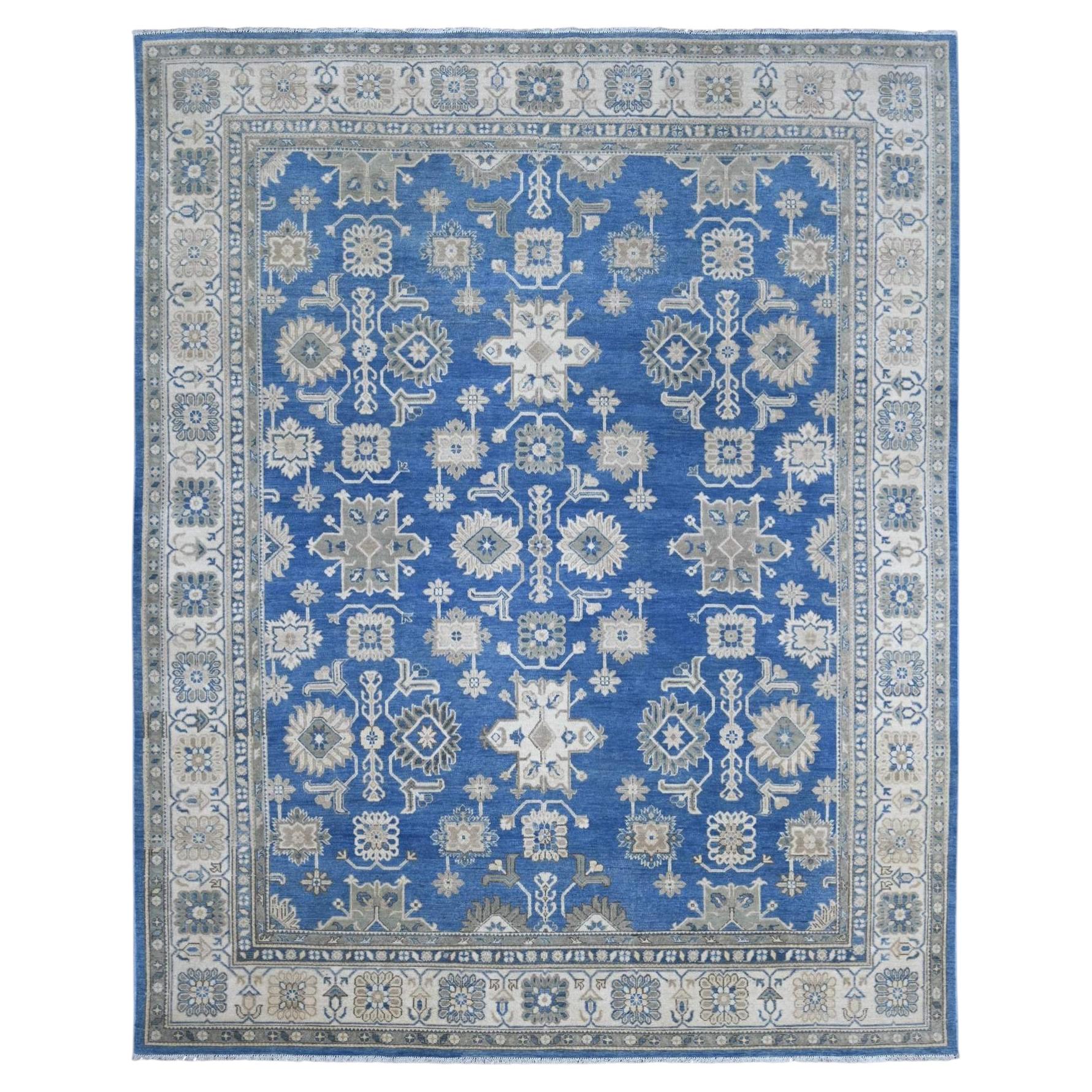 8'9"x11'2" Blue Vintage Look Kazak with All Over Design Hand Knotted Wool Rug
