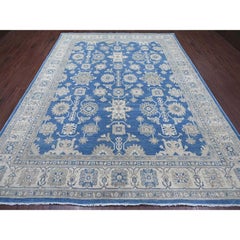 8'9"x11'3" Blue Hand Knotted Vintage Look Kazak with All Over Design Wool Rug