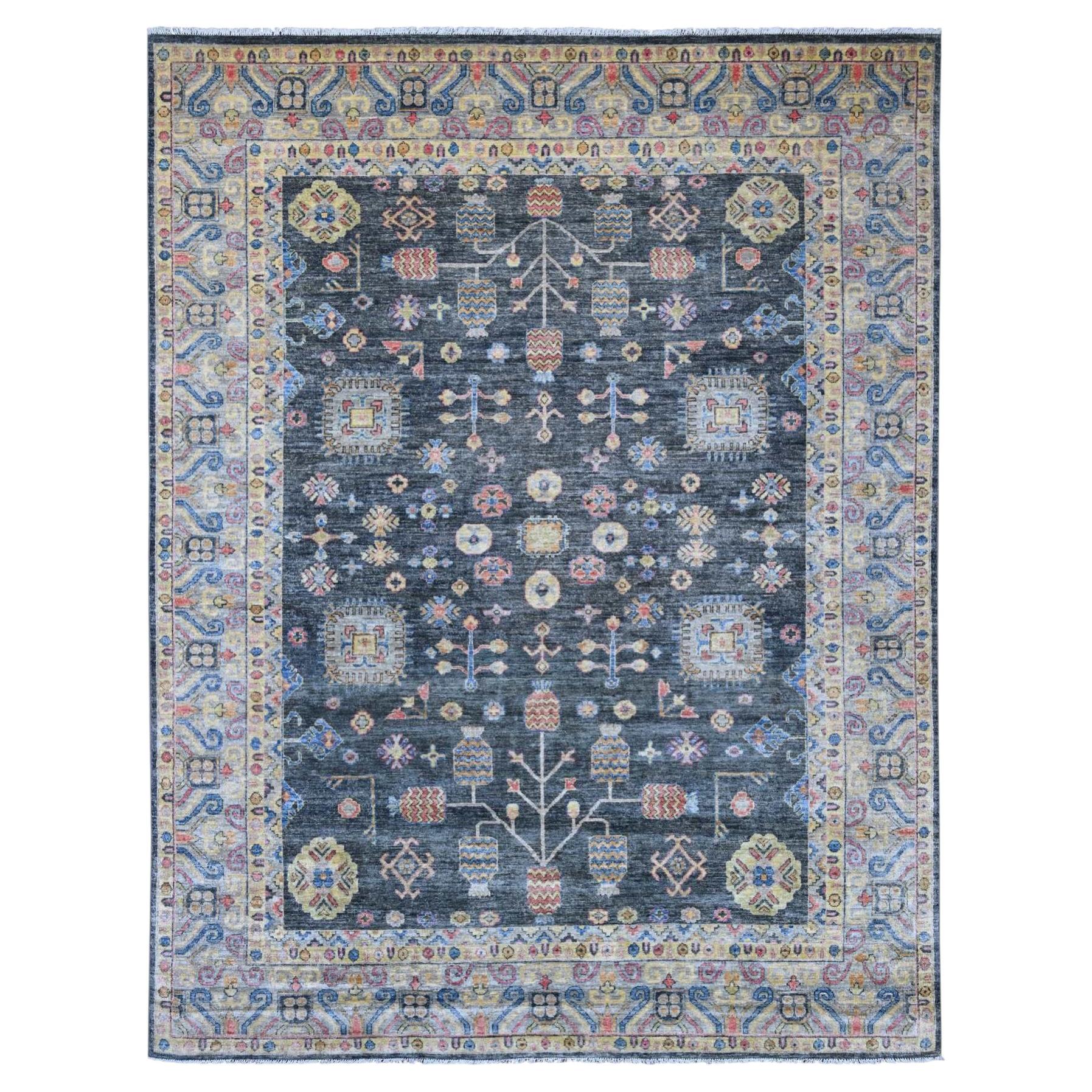 8'9"x11'5" Gray Khotan with Pomegranate Design Peshawar Hand Knotted Wool Rug