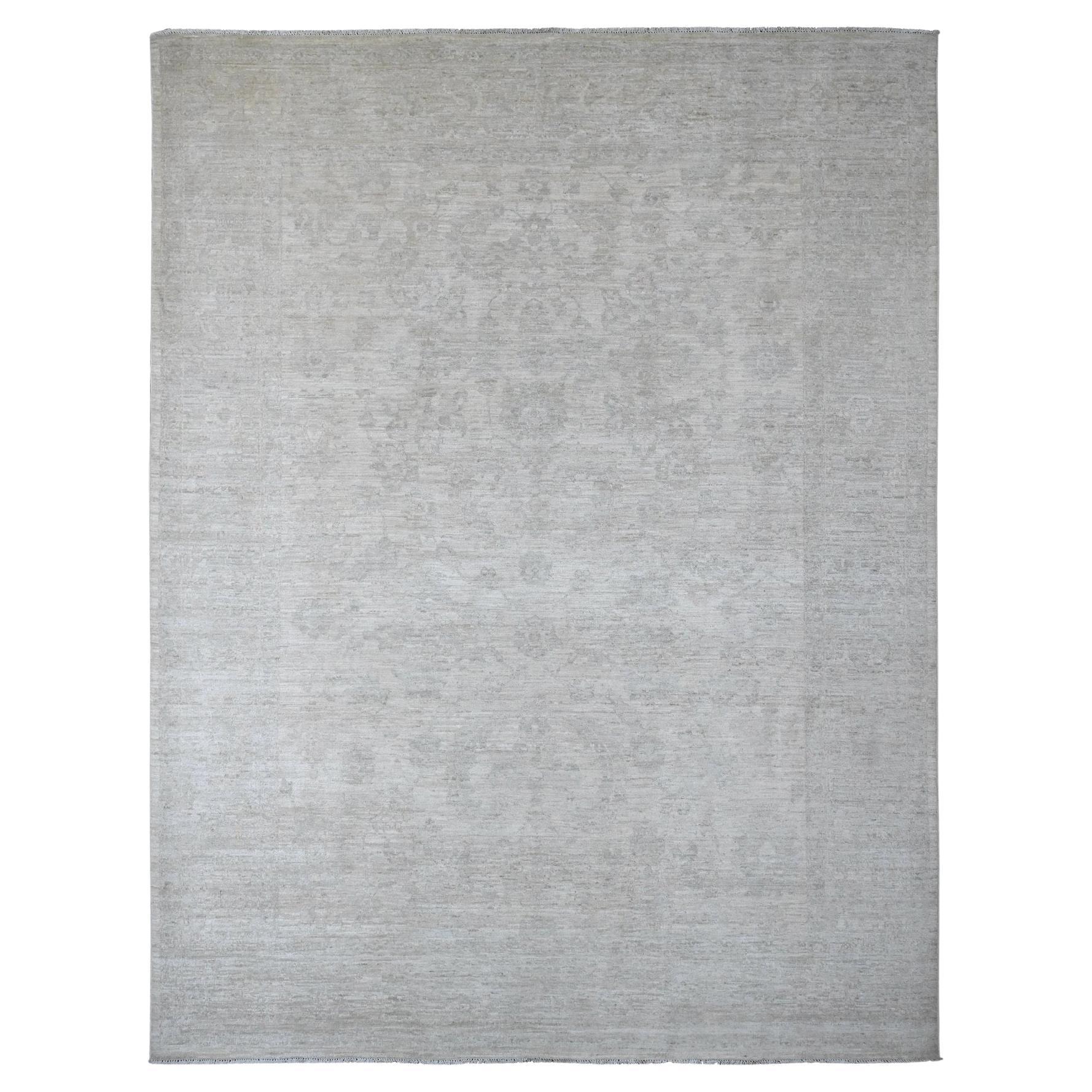 8'9"x11'5" White 100% Wool Stone Washed Peshawar Leaf Design Hand Knotted Rug