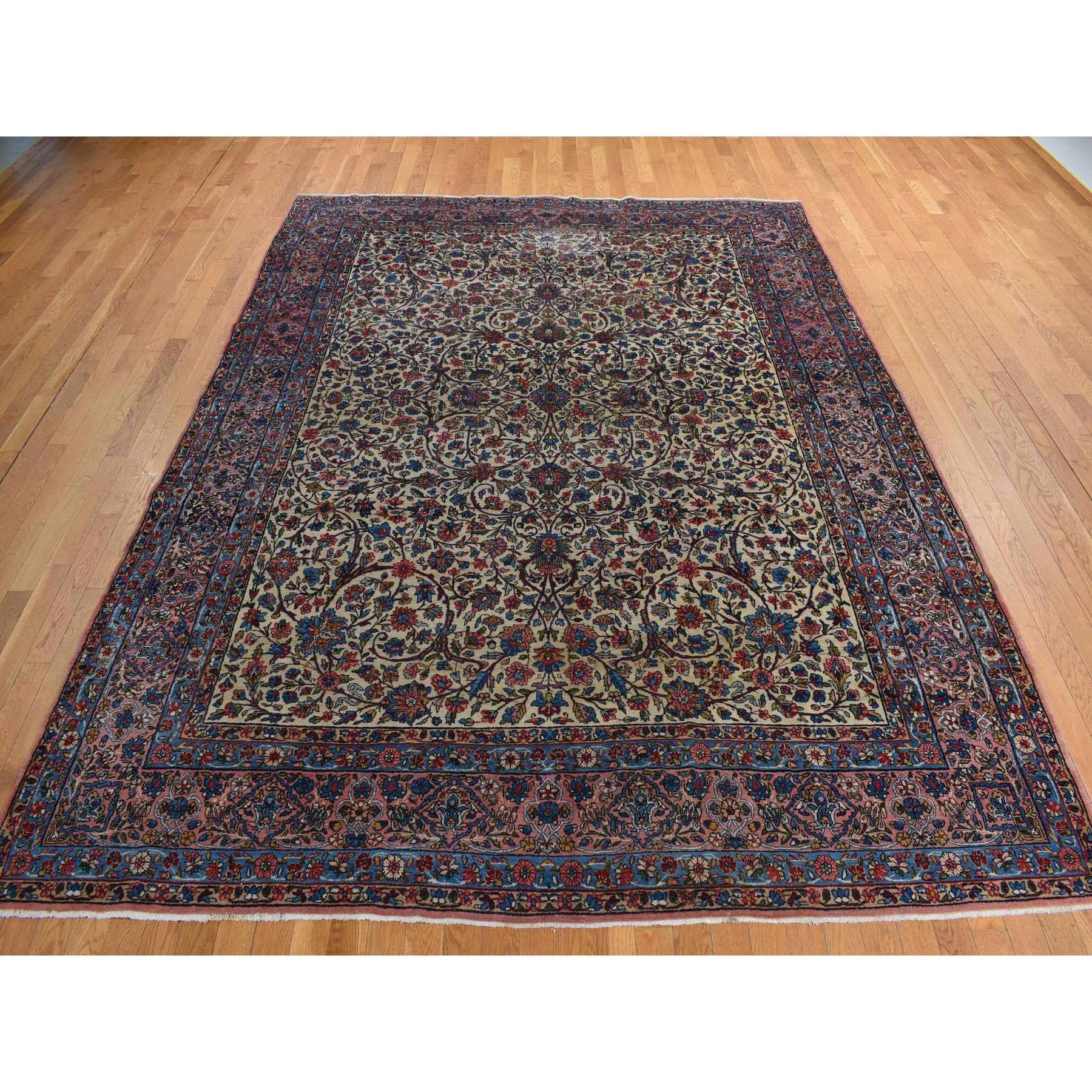 Lemon Chiffon Yellow, Antique Persian Kerman in Good Condition, All Over Flower Design, Even Wear, Sides and Ends Professionally Secured, Clean, 100% Wool, Hand Knotted, Oriental Rug
Primary materials: Wool
Latex: No
Pile height: 0.25 Inches
Style: