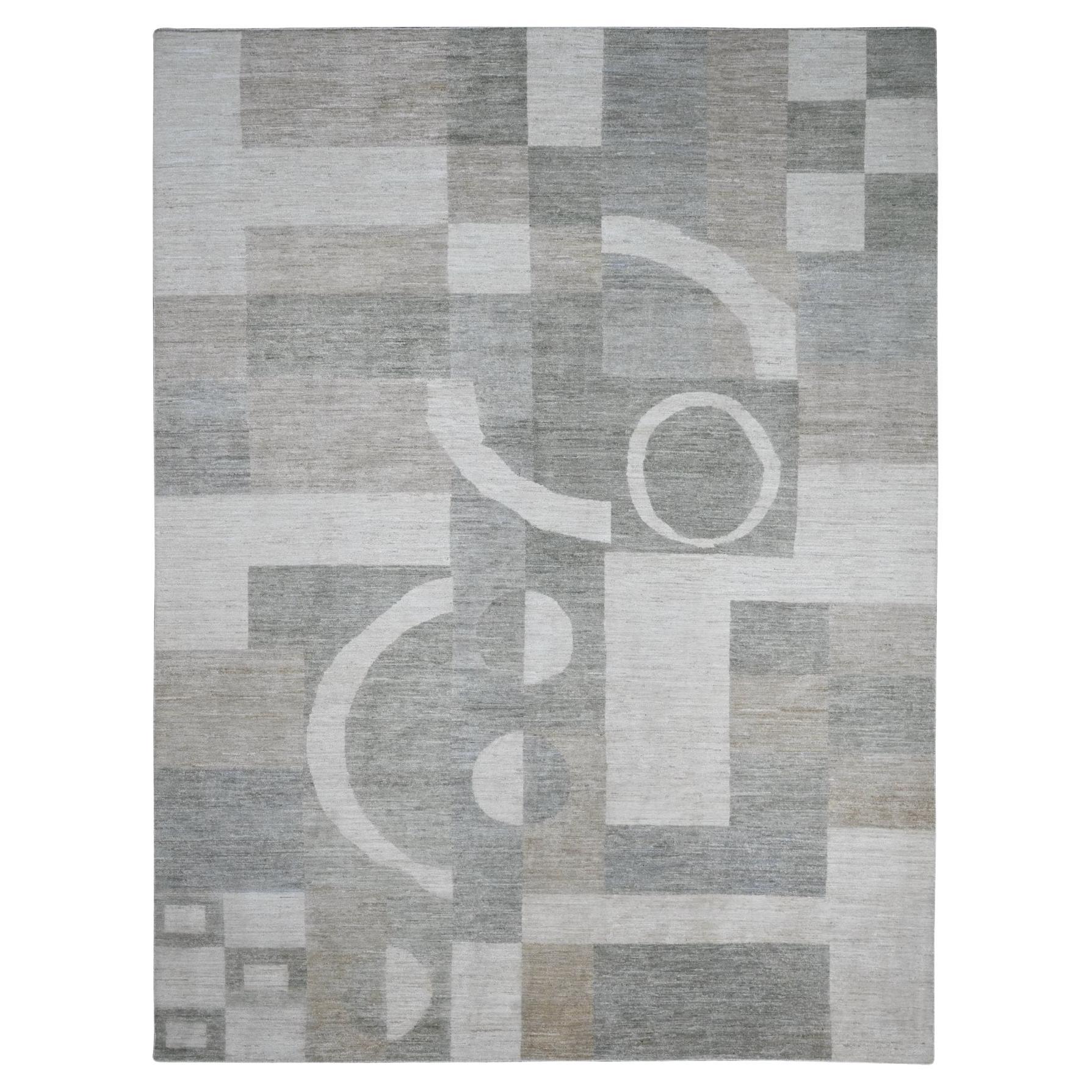 8'9 "x11'6" Grigio Bauhaus Inspired Geometric Pattern Hand Knots Rugs in pura lana in vendita