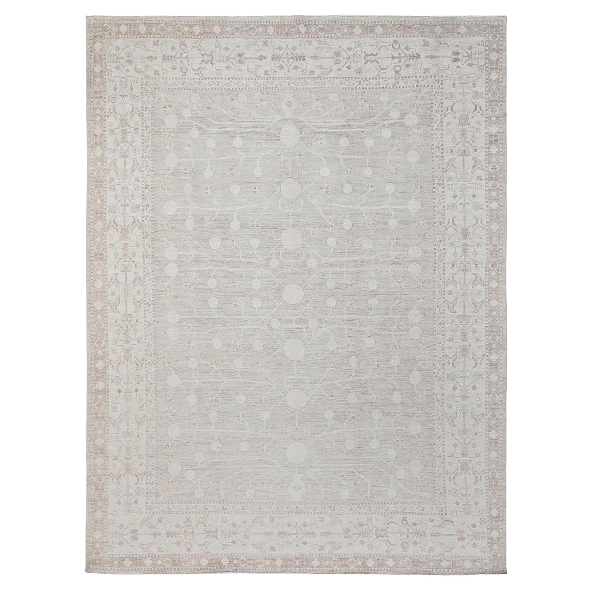 8
9"x11
6" Gray Silver Wash Pomegranate Design Hand Knotted Samarkand Wool Rug For Sale