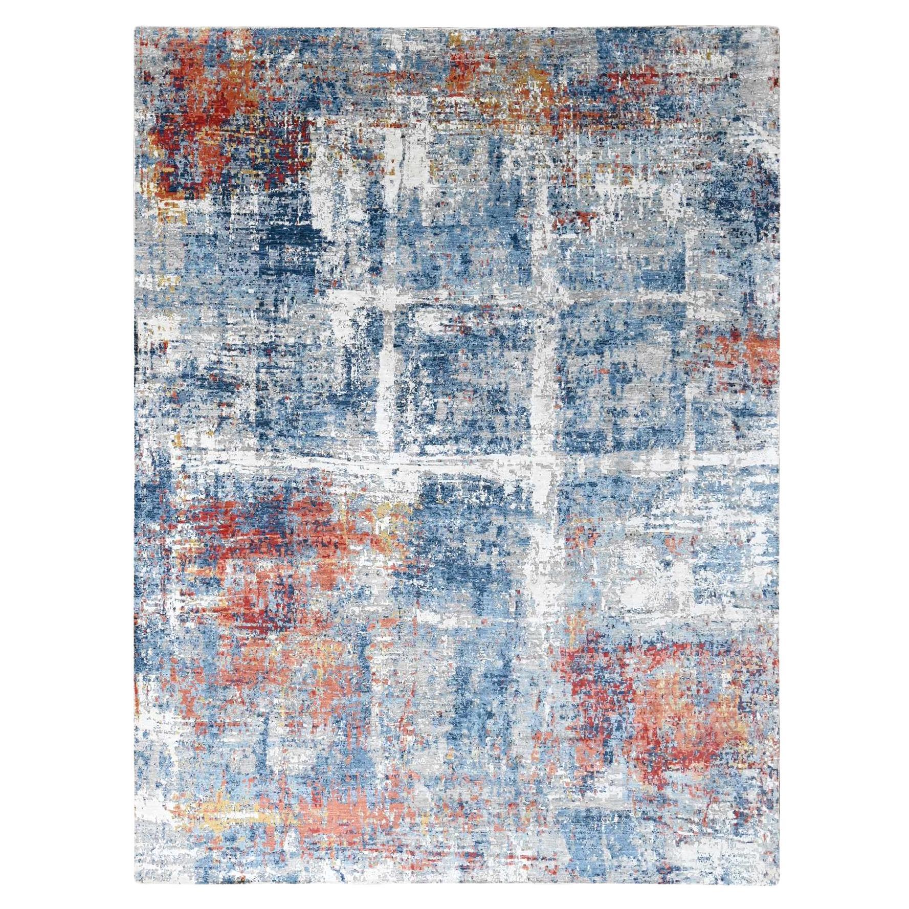 8'9"x11'7" Imperial Blue Abstract Design Plant Based Silk Hand Knotted Rug