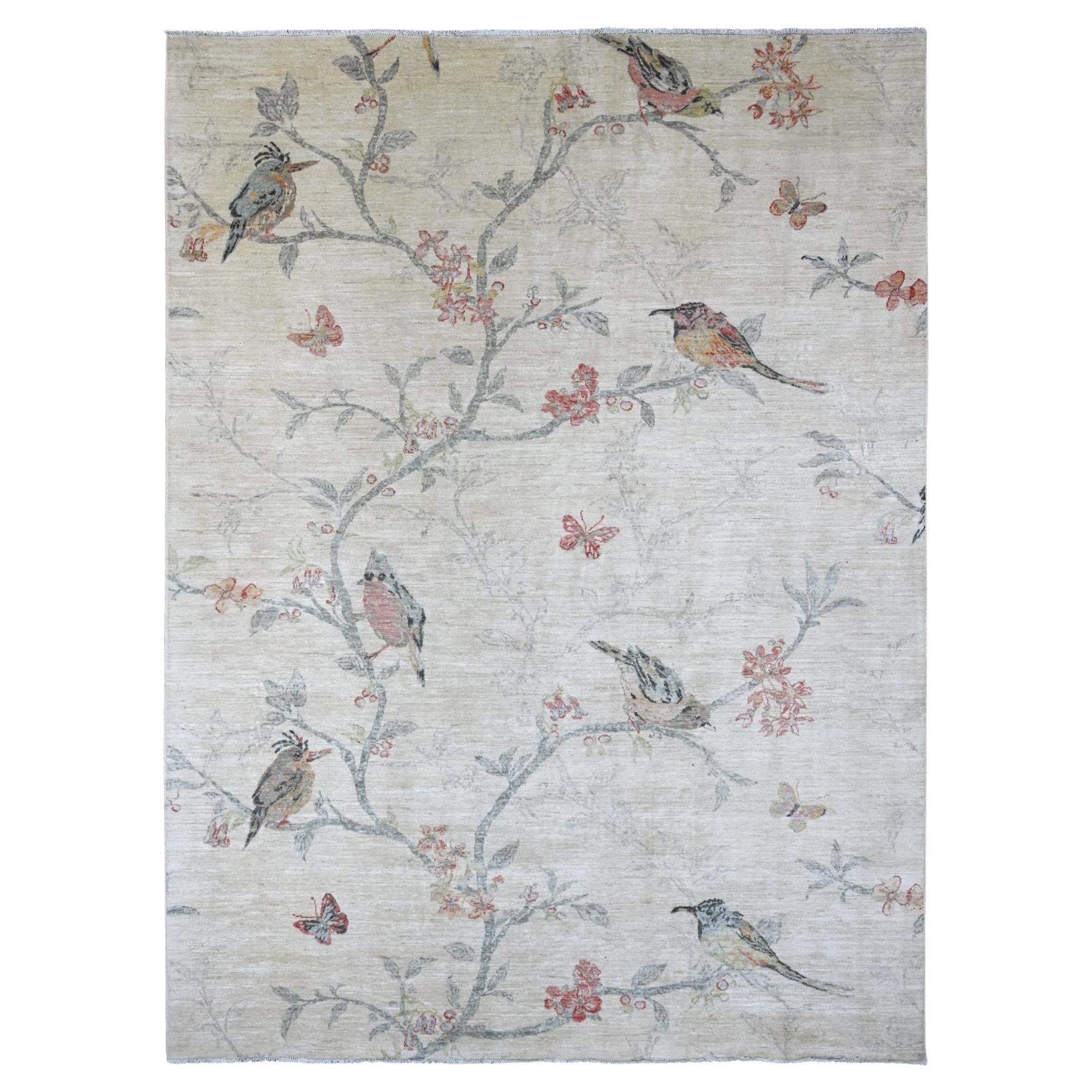 8
9"x11
7" Ivory Sparrows on the Tree Peshawar Soft Wool Hand Knotted Rug