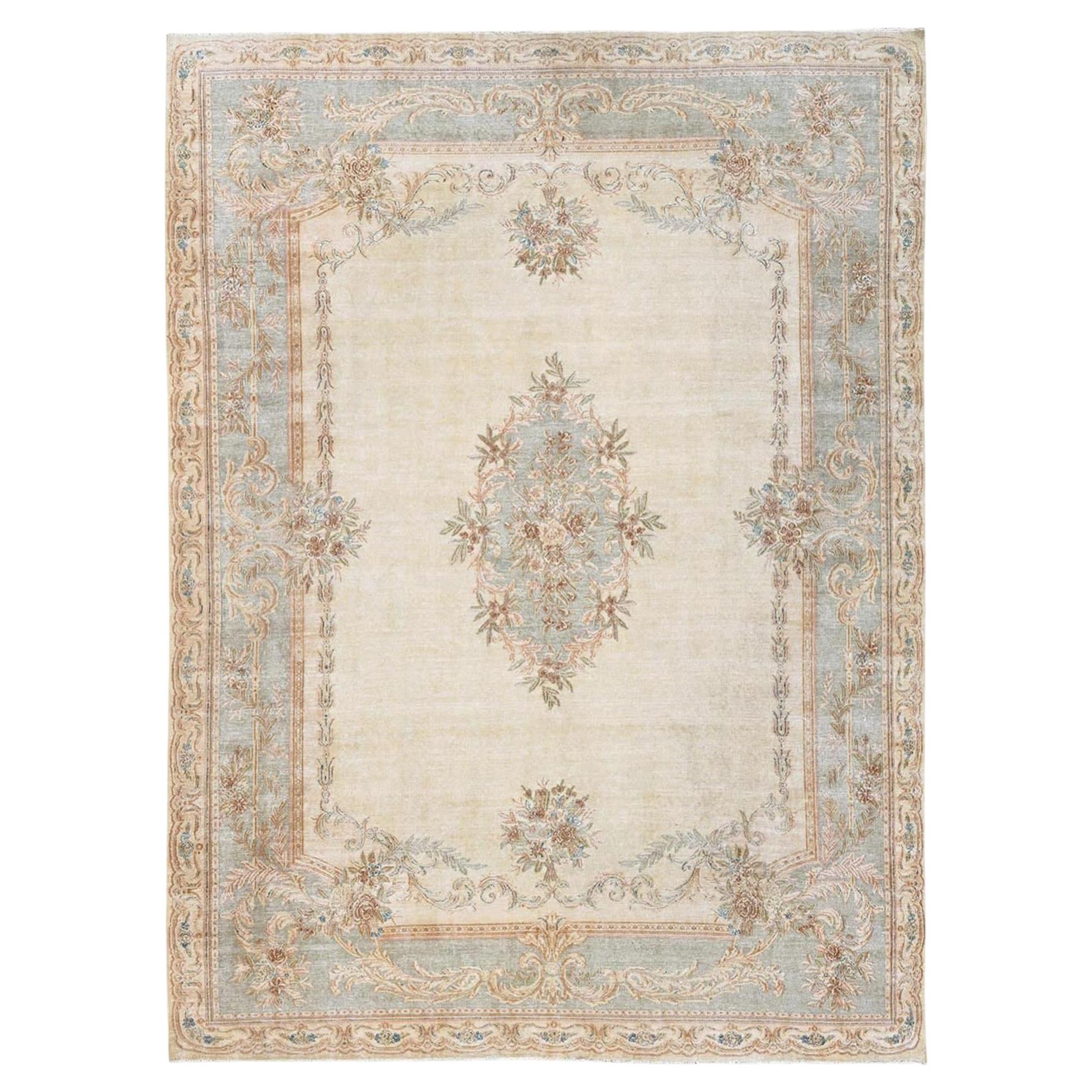 8'9"x11'8" Ivory Vintage Zoroastrian Karman Sheared Low Hand Knotted Wool Rug