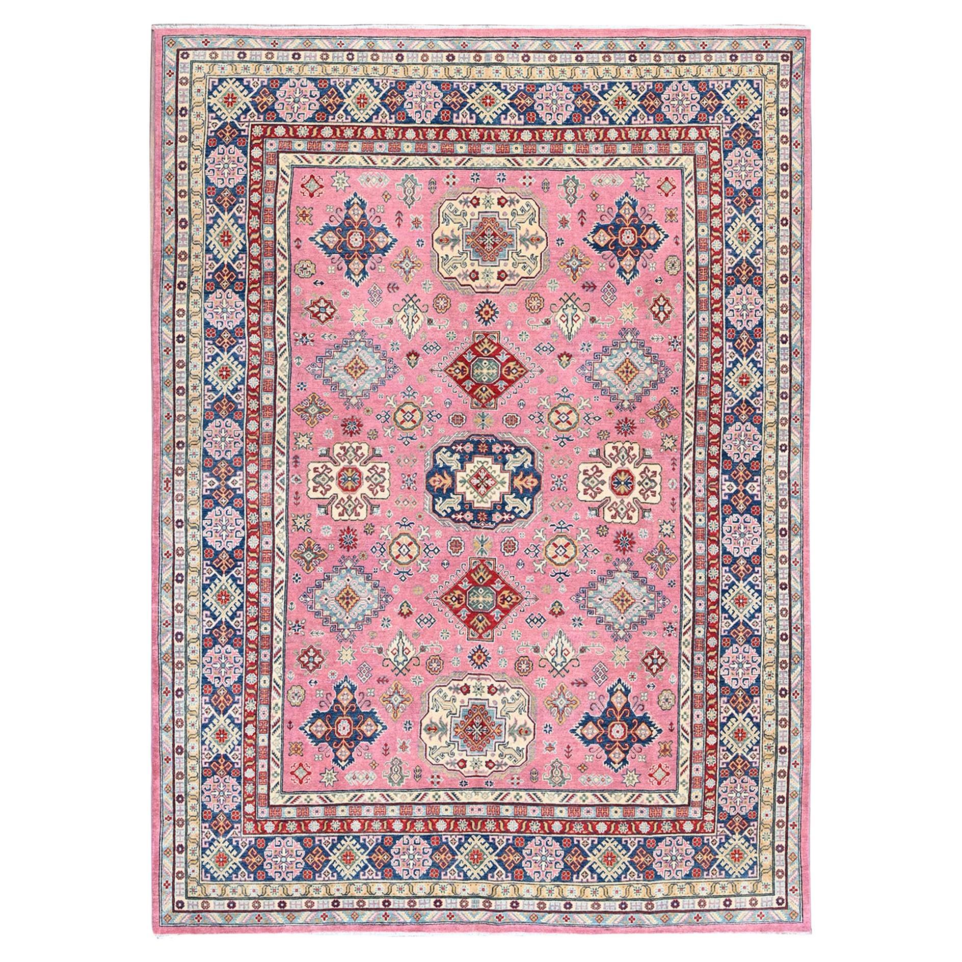 8'9"x11'8" Pink Kazak with Medallions Design Hand Knotted Soft Wool Oriental Rug