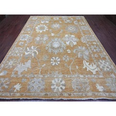 8'9"x11'9" Golden Brown Afghan Angora Oushak Leaf Design Hand Knotted Wool Rug