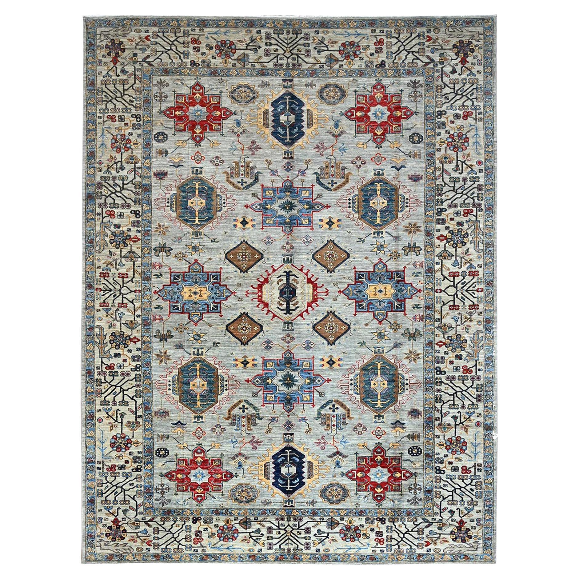 8'9"x11'9" Gray Pure Wool Afghan Super Kazak Geometric Design Hand Knotted Rug