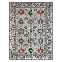8'9 "x11'9" Alfombra anudada a mano con diseño geométrico afgano Super Kazak de pura lana gris