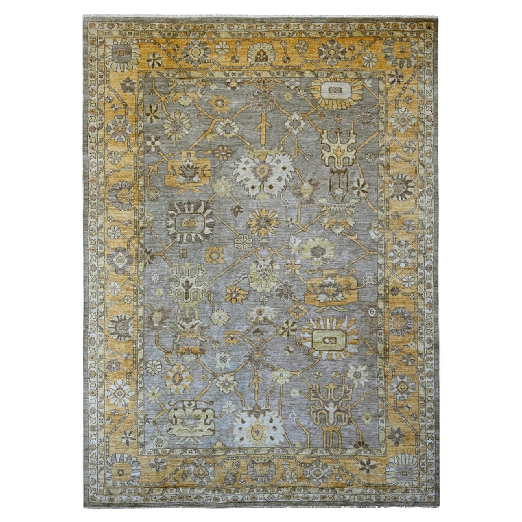 8'9"x12' Gray Afghan Angora Oushak Leaf Pattern Hand Knotted Pure Wool Rug