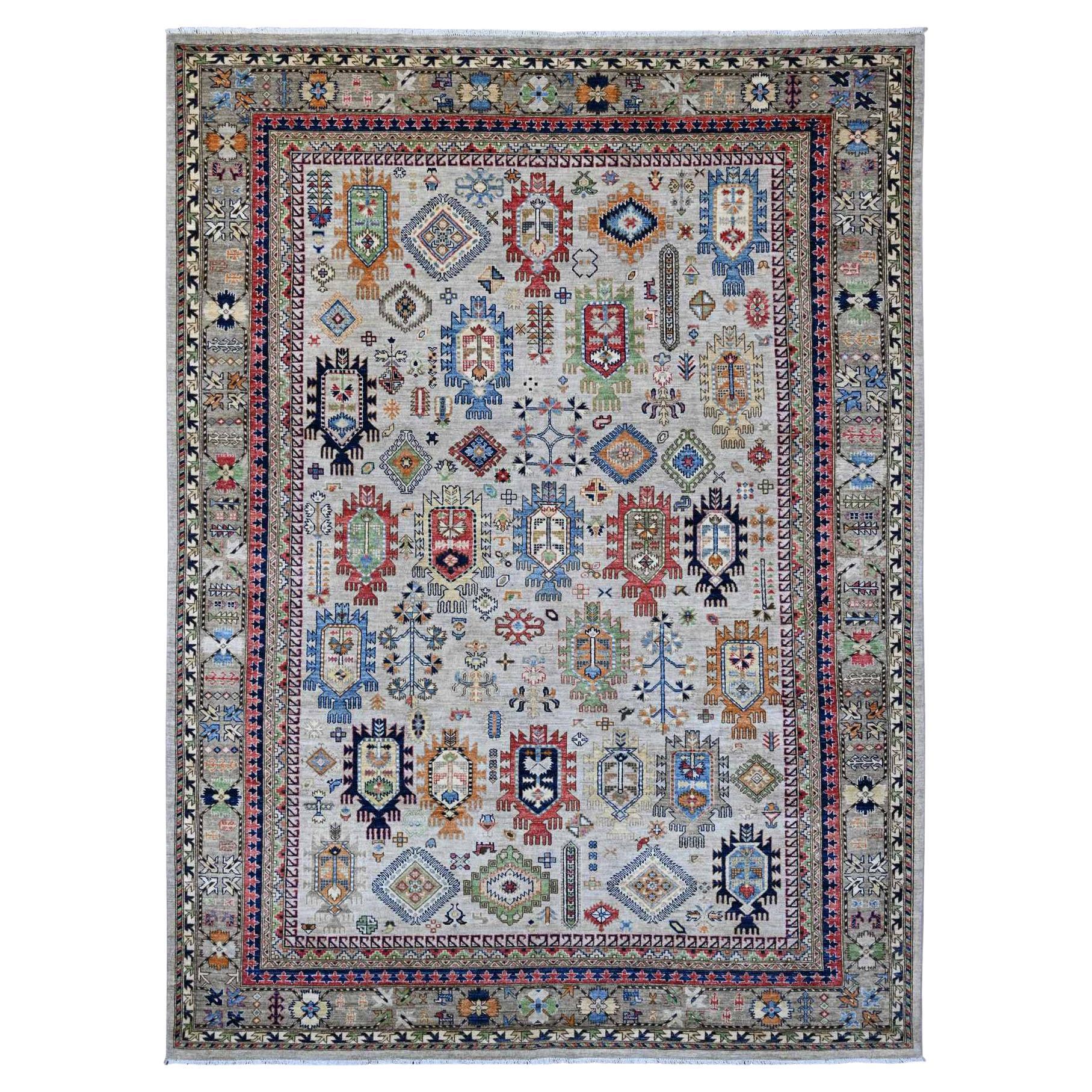 8'9"x12' Gray Caucasian Inspired Antiqued Design Hand Knotted Wool Oriental Rug