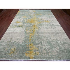8'9"x12' Green with Gold Abstract Design Hand Knotted Afghan Wool Oriental Rug