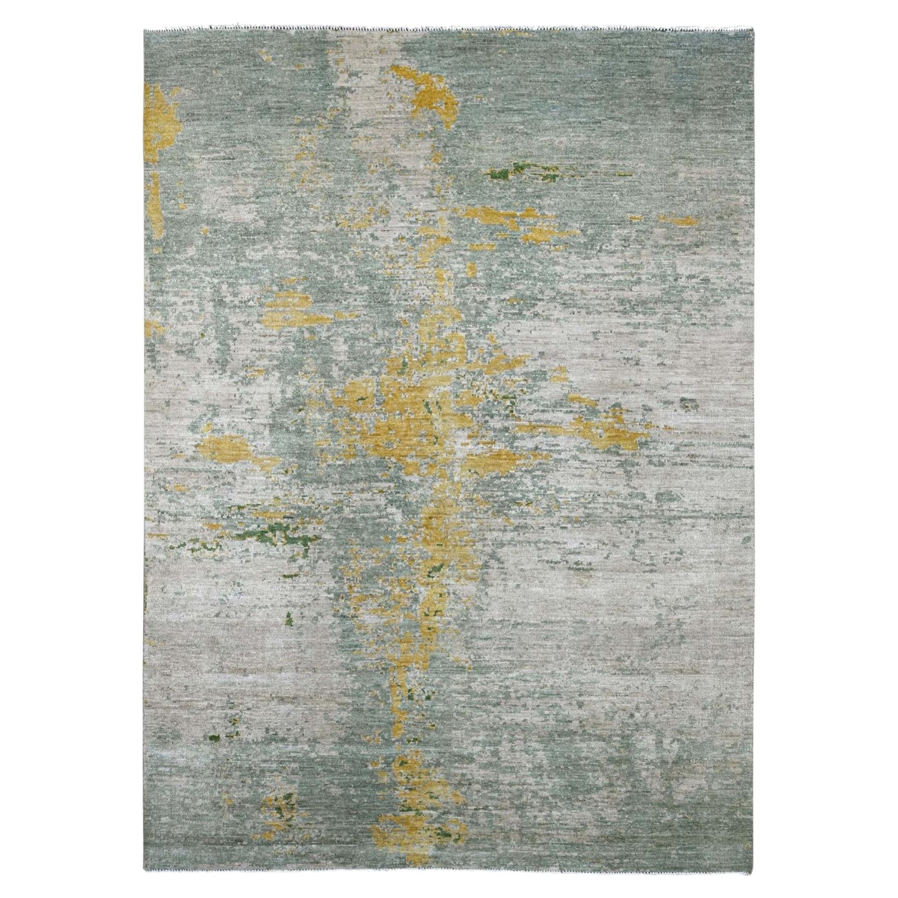 8'9"x12' Green with Gold Abstract Design Hand Knotted Afghan Wool Oriental Rug For Sale