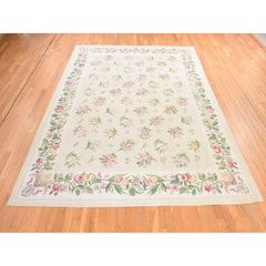 8'9"x12' Ivory Aubusson with Botanical Repetitive Design Hand Woven Wool Rug