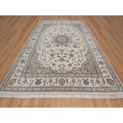 8'9"x12' Ivory Hand Knotted Nain with Medallion Design Wool & Silk 250 KPSI Rug