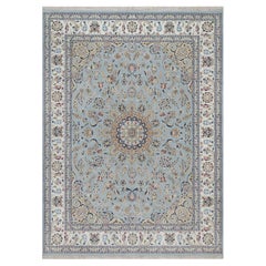 8'9"x12' Light Blue Nain with Medallion Design Wool and Silk Hand Knotted Rug