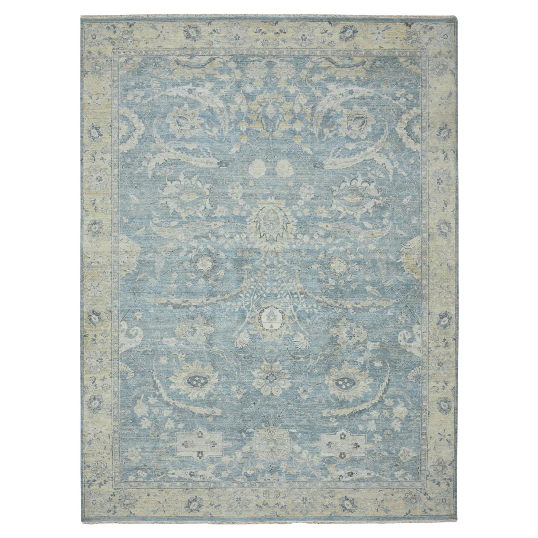 8
9"x12
 Ruddy Blue Hand Knotted Sickle Leaf Design Zero Pile Pure Wool Rug