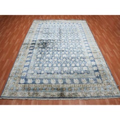 8'9"x12' Yale Blue, Hand Knotted 100% Pure Real Silk Khotan Design Oriental Rug