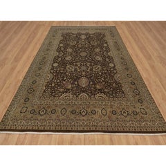8'9"x12'1" Brown Wool and Silk Indo Tabriz All Over Design Hand Knotted Rug