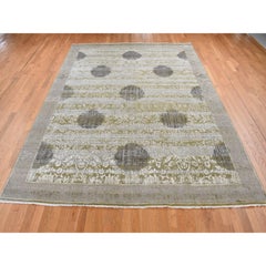 8'9"x12'1" Green Silk with Wool Abrash Artistic Motifs Hand Knotted Rug