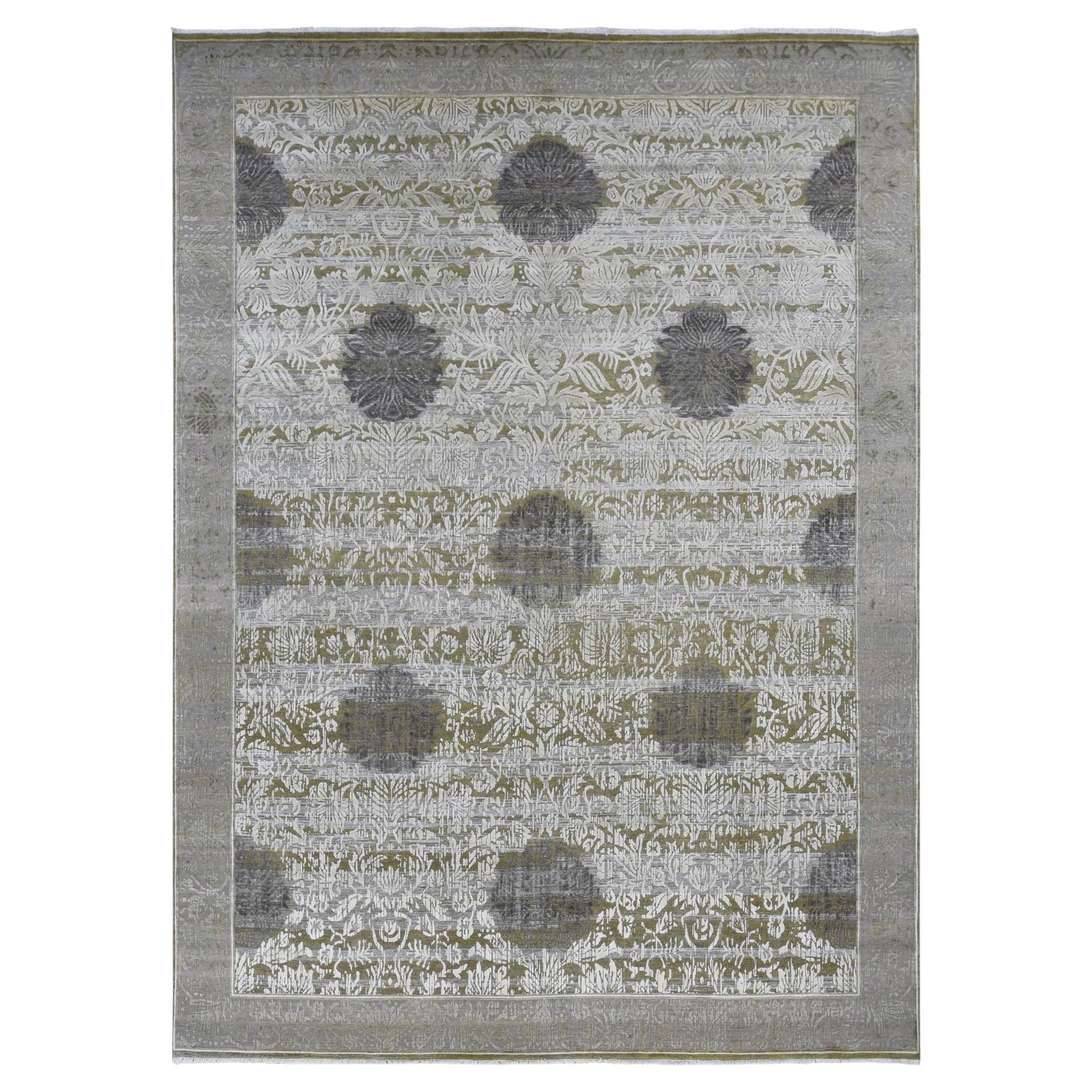 8'9 "x12'1" Alfombra anudada a mano de seda verde con motivos artísticos de lana Abrash en venta
