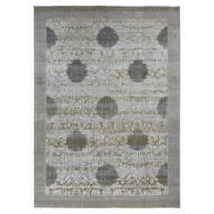 8'9"x12'1" Green Silk with Wool Abrash Artistic Motifs Hand Knotted Rug