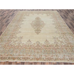 Tappeto orientale persiano vintage Kerman, annodato a mano, 100% lana, colore avorio, 8'9" x 12'1"
