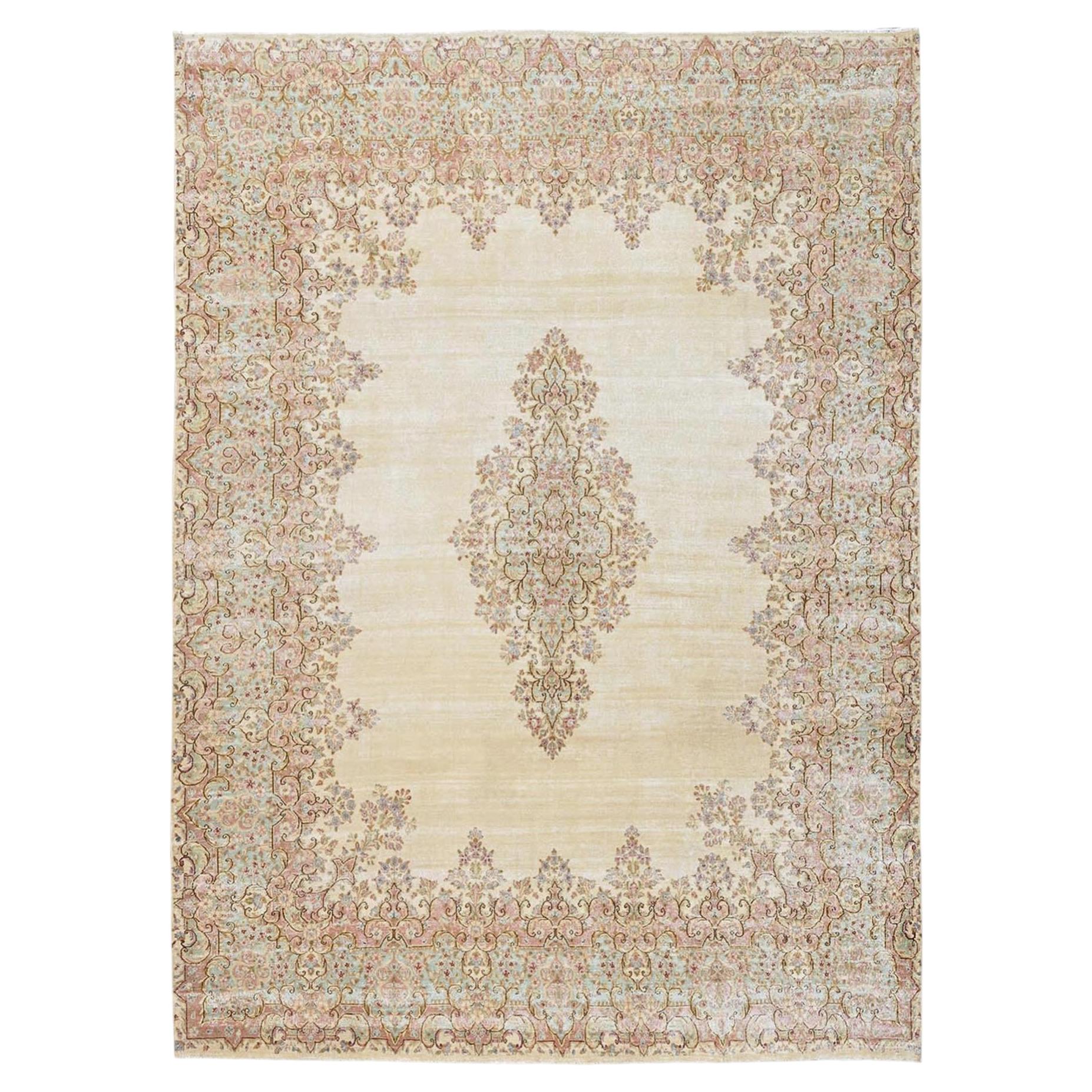 8'9"x12'1" Ivory Hand Knotted 100% Wool Vintage Zoroastrian Karman Oriental Rug