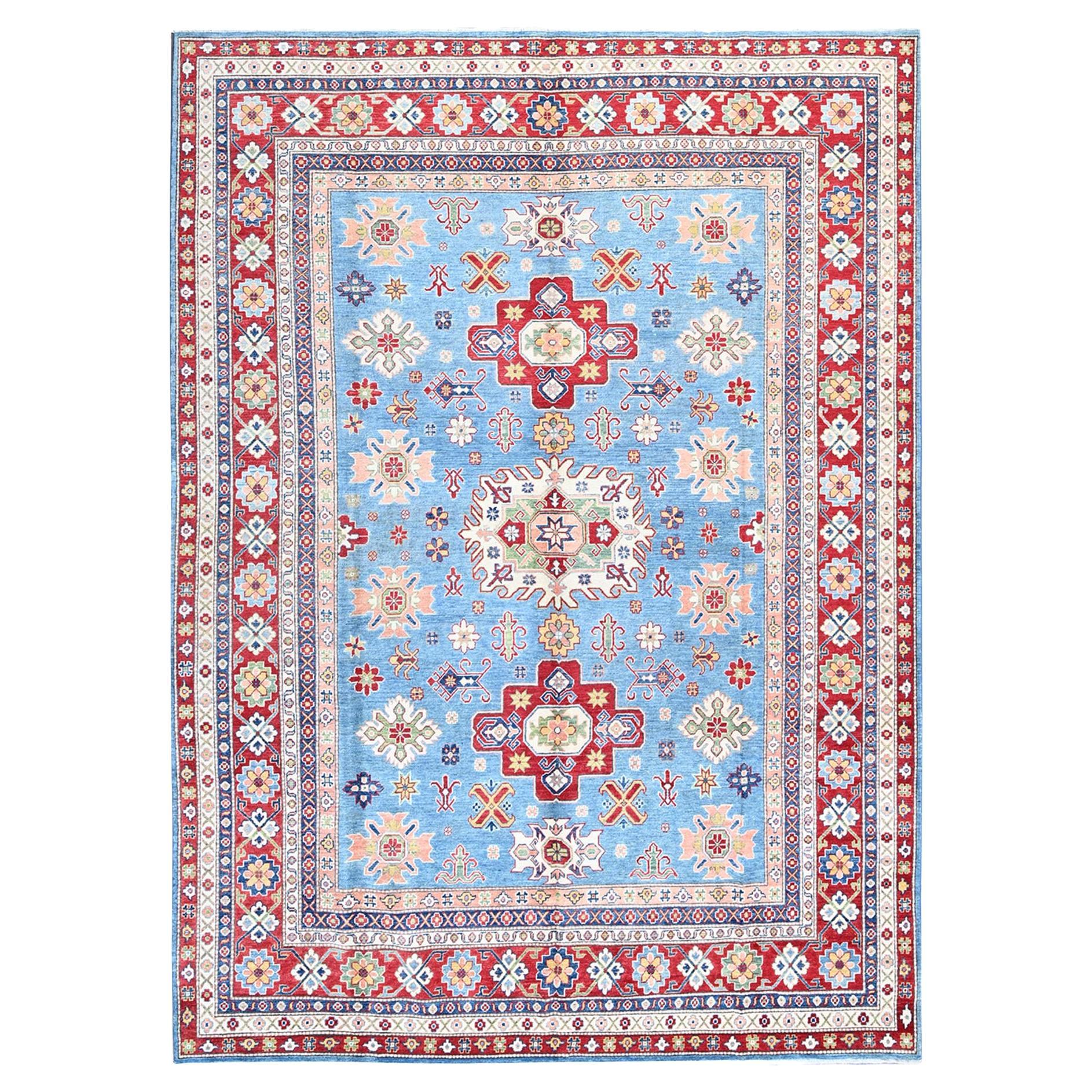 8'9 "x12'1" Maya Blue Kazak with Tribal Medallions Design Tappeto in lana annodato a mano
