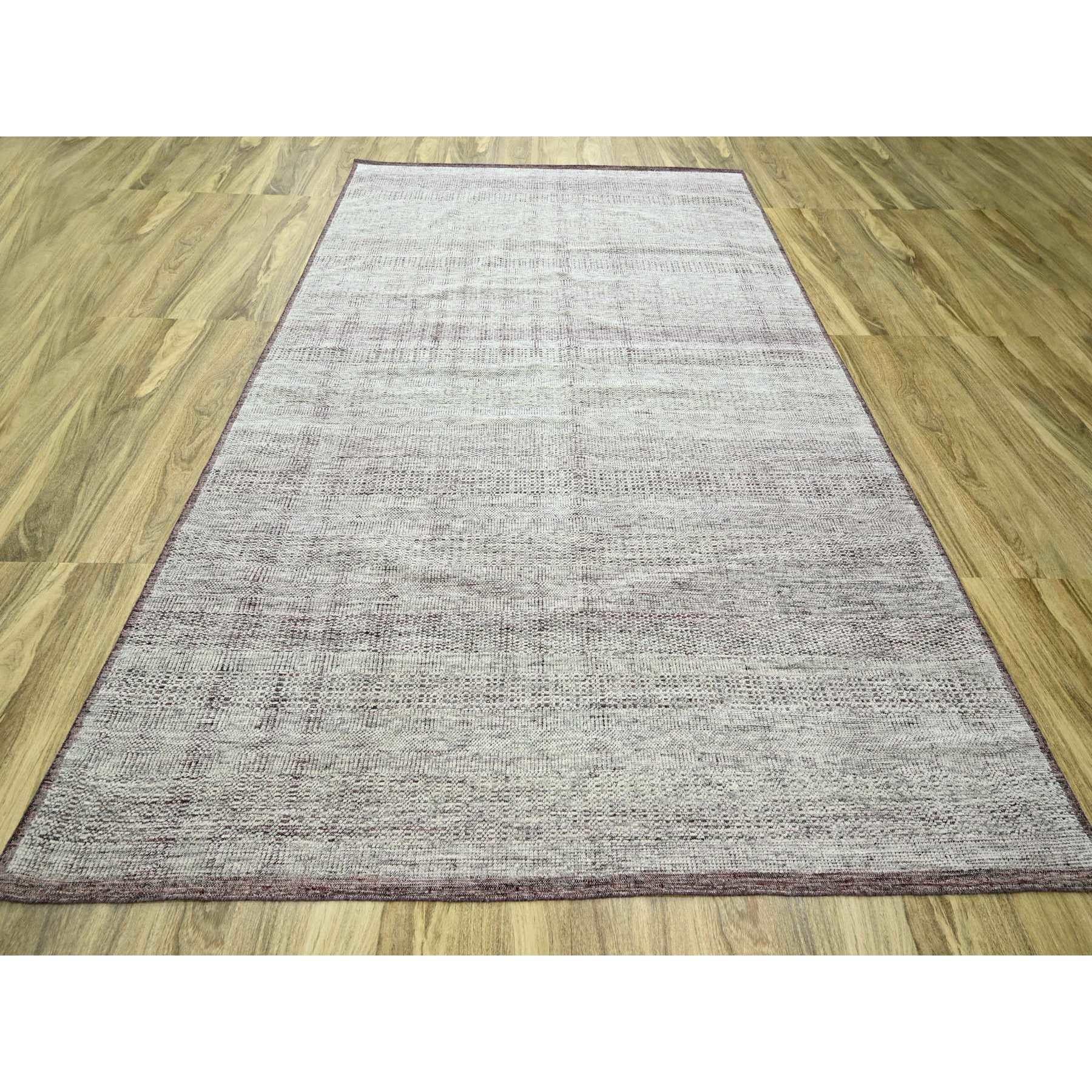 Sangria Red with Vista White, Oxidized and Distressed Grass Design with Exposed Warps, Hand Knotted, 100% Wool, Oriental Rug
Primary materials: Wool
Latex: No Pile 
height: 0.25 Inches
Style: Contemporary
Primary color: Red
Secondary colors: