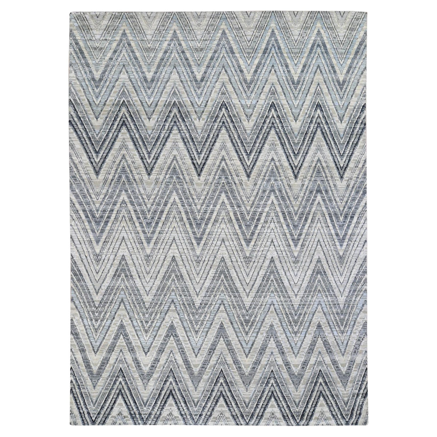 8
9 "x12
2" Elfenbein Chevron Design strukturierte Wolle und reine Seide handgeknüpft Teppich
