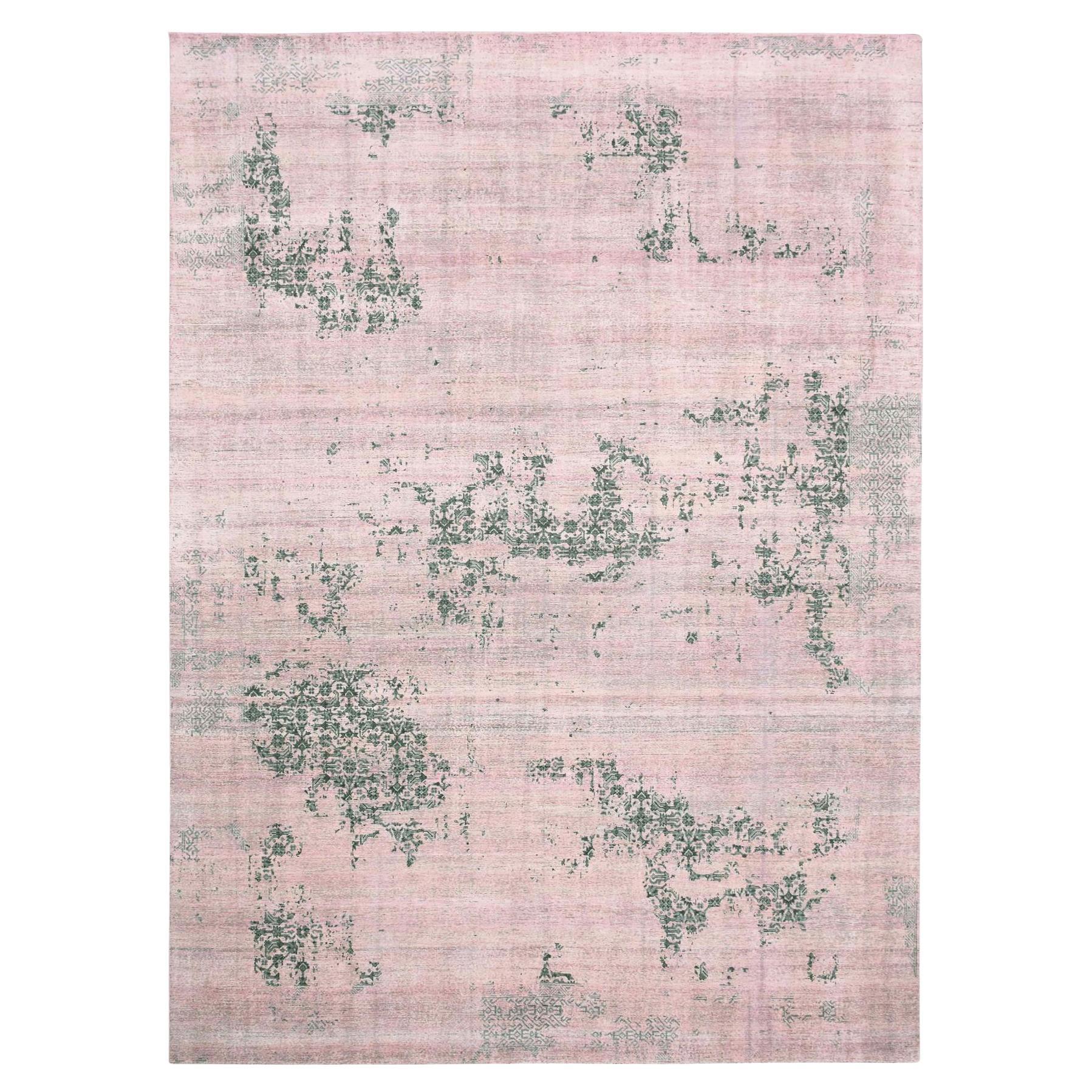 8'9 "x12'2" Rosa und Grau, handgeknüpftes gelöschtes persisches Design, reiner Seidenteppich im Angebot