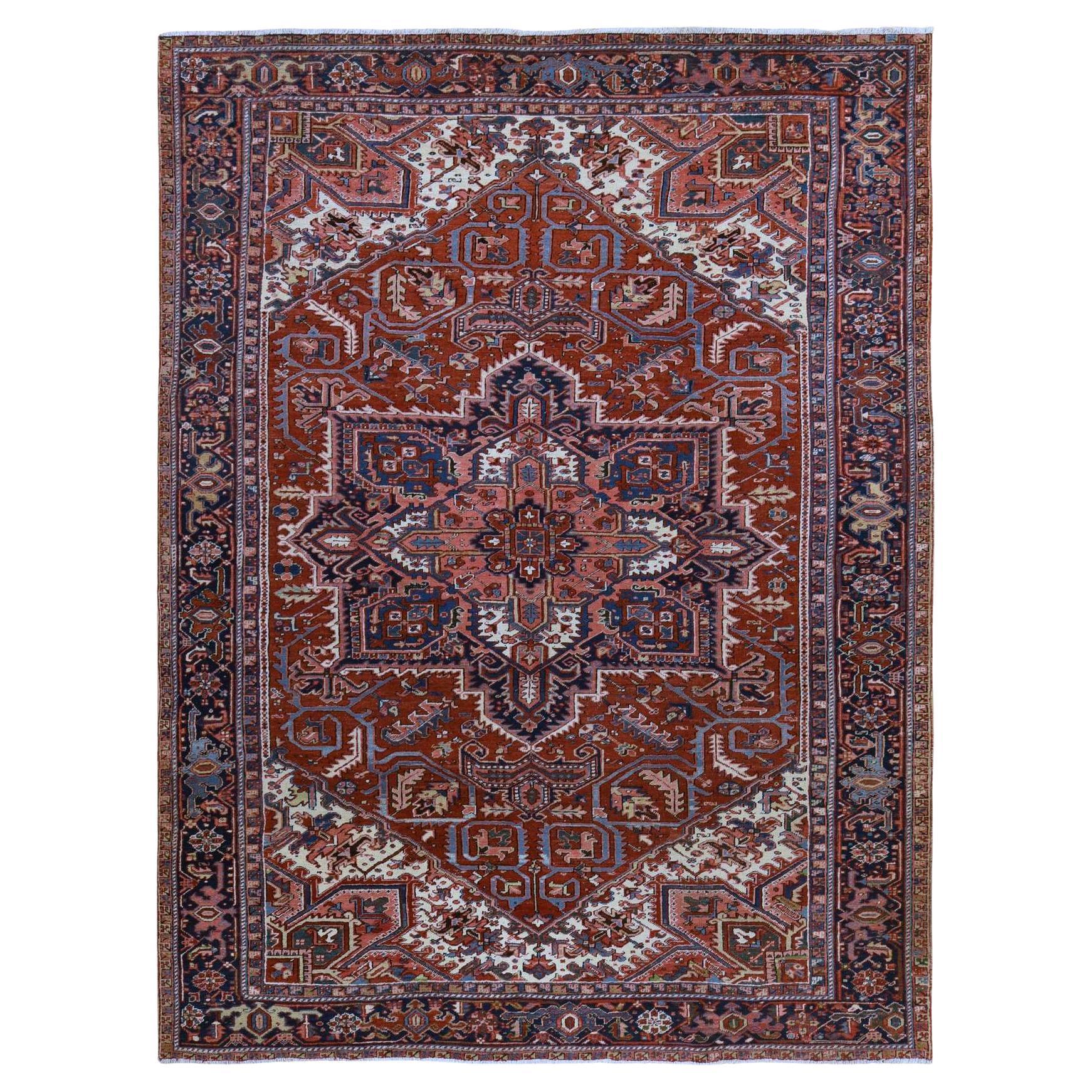 8'9"x12'3" Antique Persian Heriz Scarlet Red Pure Wool Hand Knotted 1920s Rug